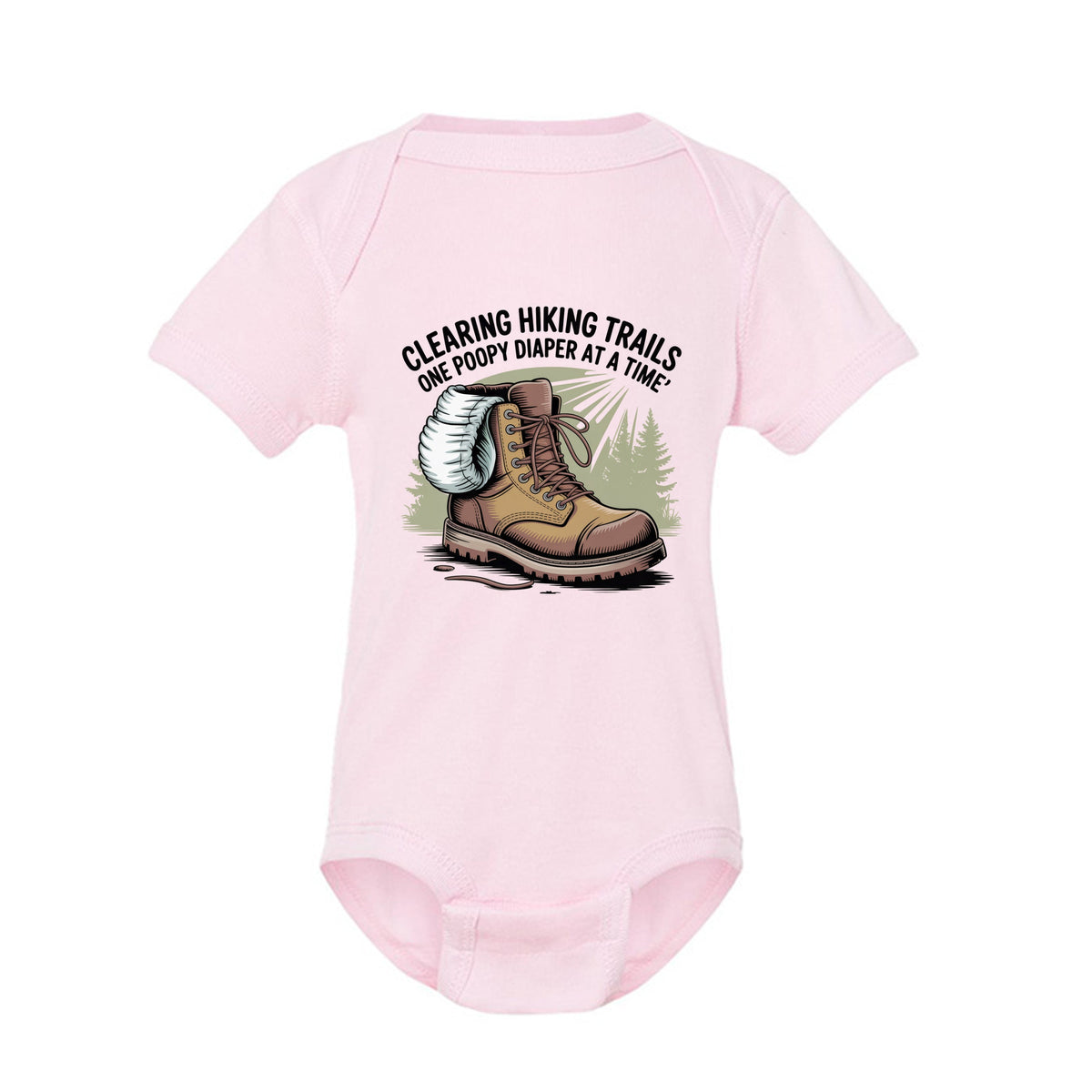 The Hocking Hills Store light pink infant bodysuit featuring a hiking boot graphic and Clearing Hiking Trails text.