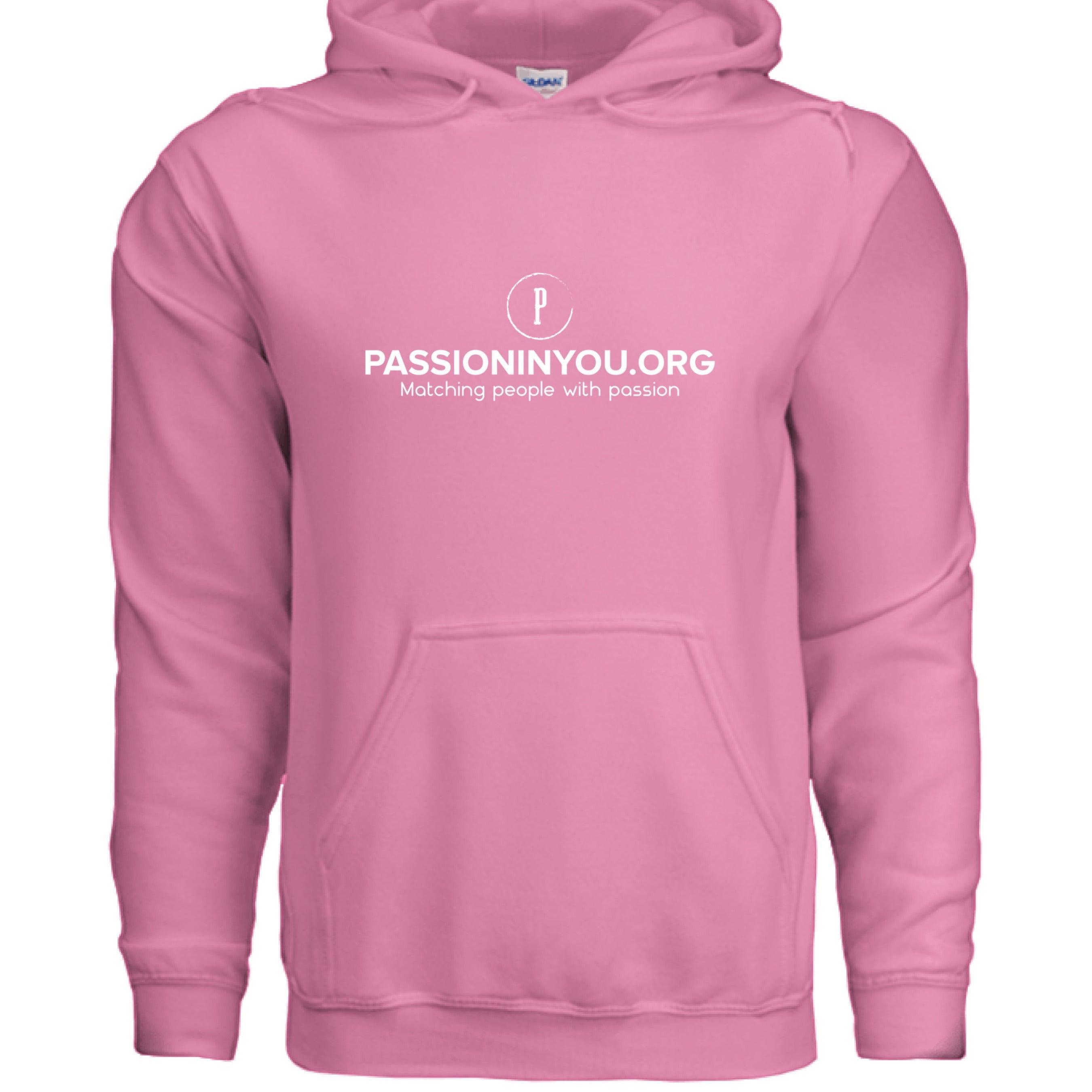 The Hocking Hills Store pink cotton blend hoodie with "Passioninyou.org" logo and pouch pocket.