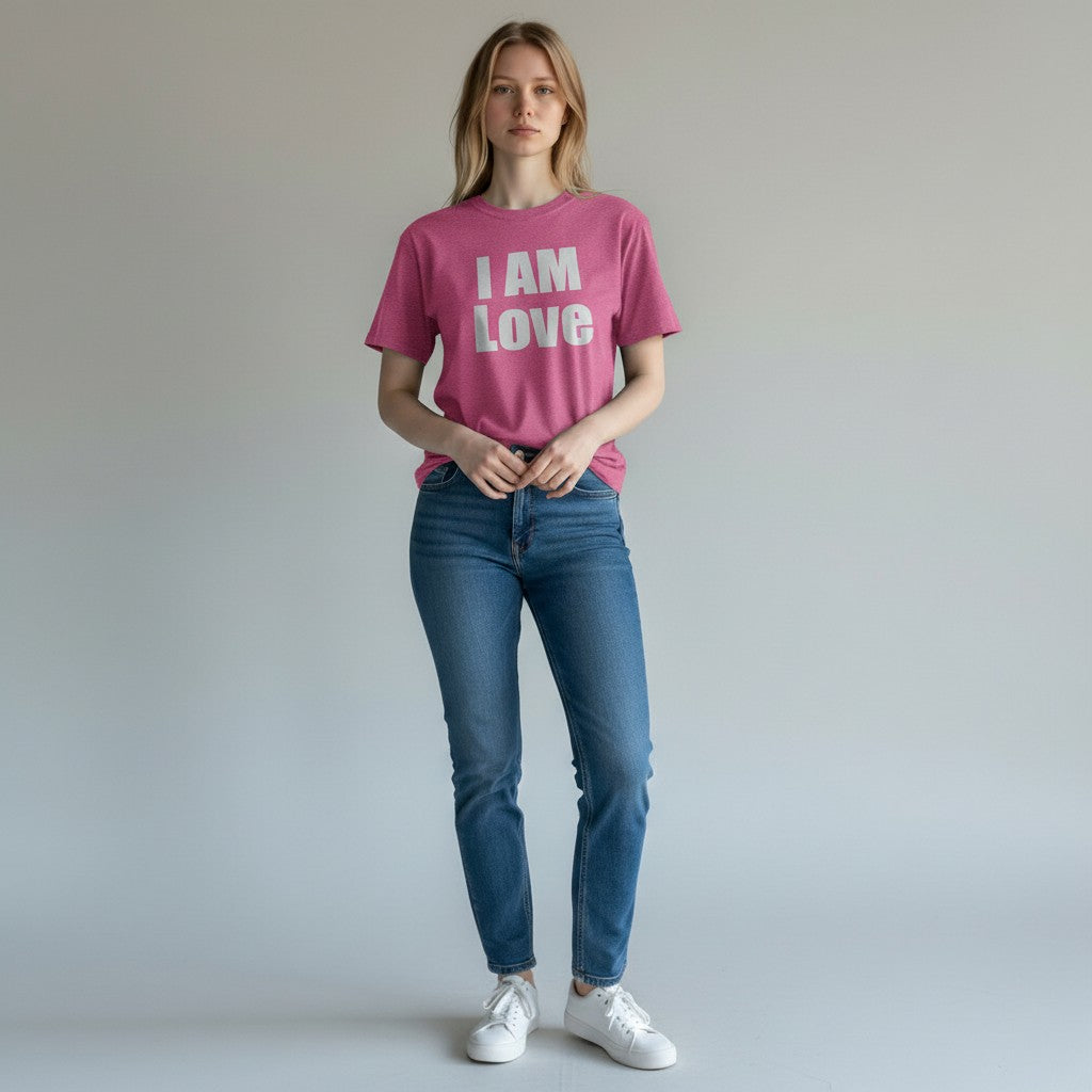 The Hocking Hills Store pink I Am Love graphic t-shirt worn by a woman with blue jeans and white sneakers.