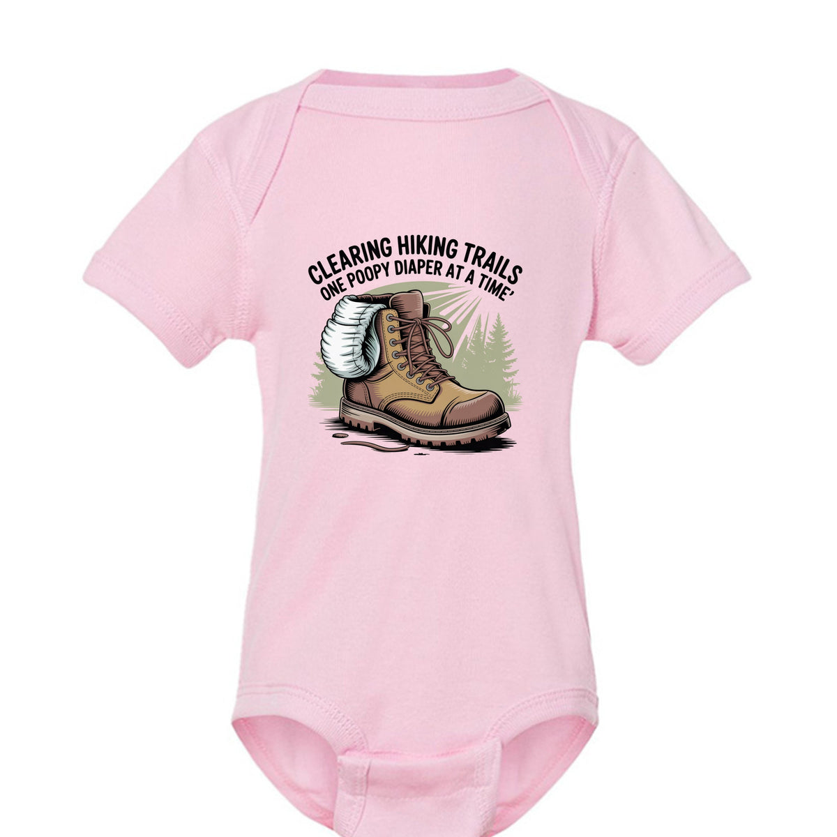The Hocking Hills Store light pink infant bodysuit with a hiking boot graphic and Clearing The Trail text