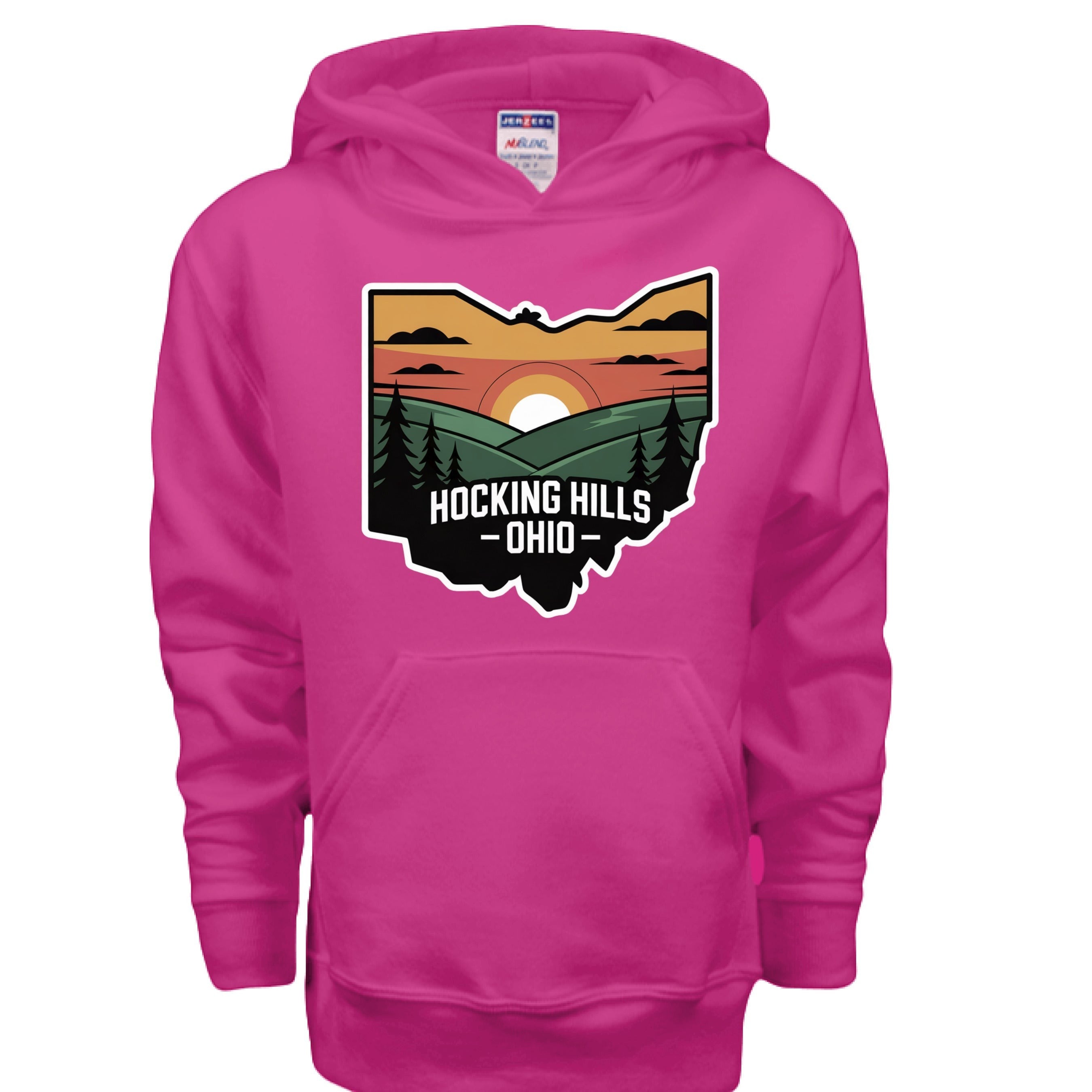 The Hocking Hills Store kids' bright pink pullover hoodie with a graphic of the Ohio state outline featuring a sunset over rolling hills and trees.