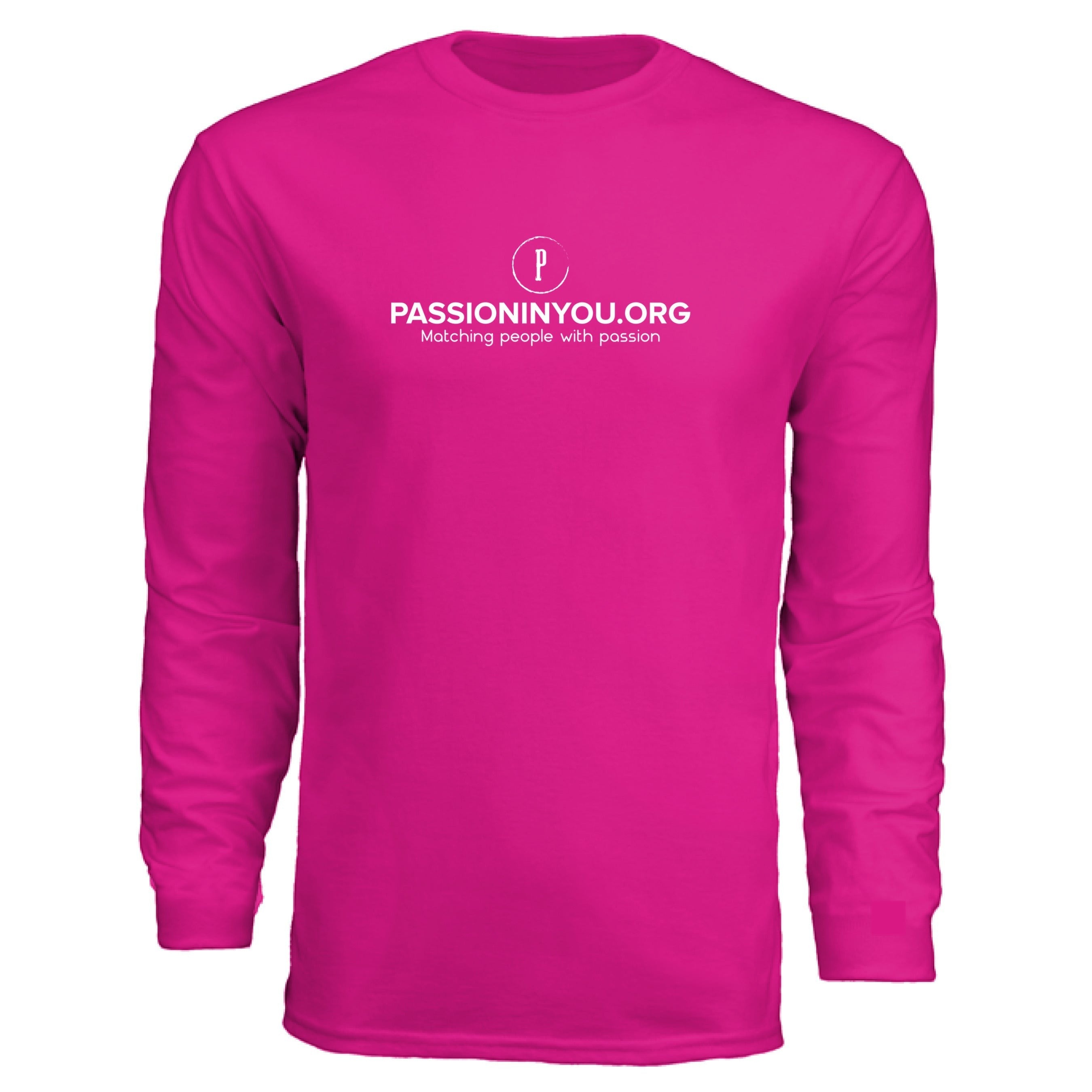 The Hocking Hills Store pink long-sleeve performance t-shirt with Passioninyou.org logo