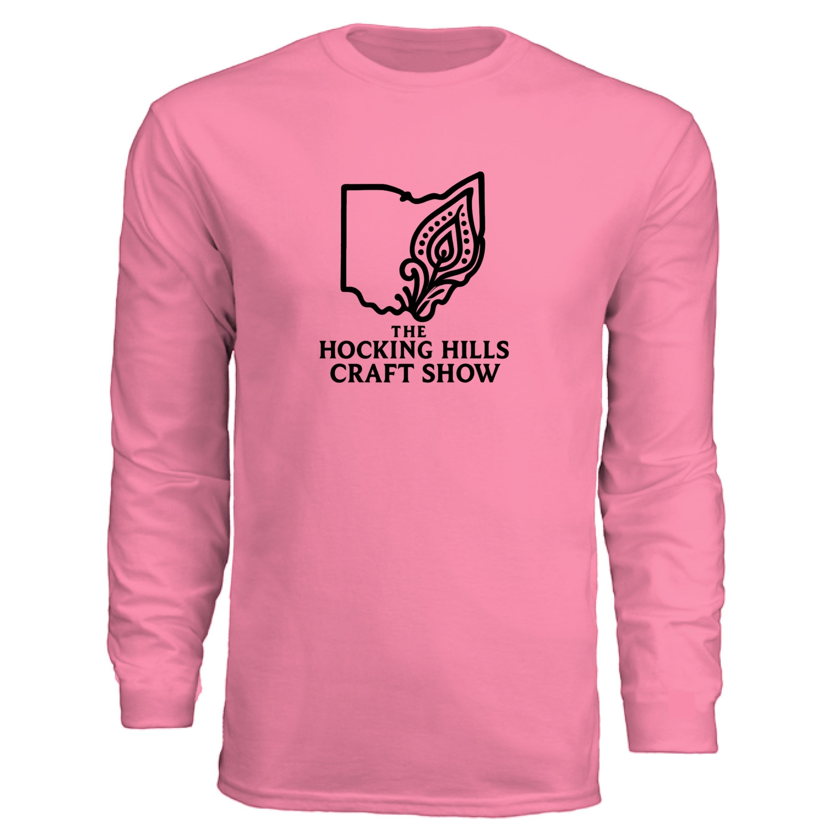 The Hocking Hills Store pink long-sleeve t-shirt with Ohio map graphic and "The Hocking Hills Craft Show" text. 100% polyester.