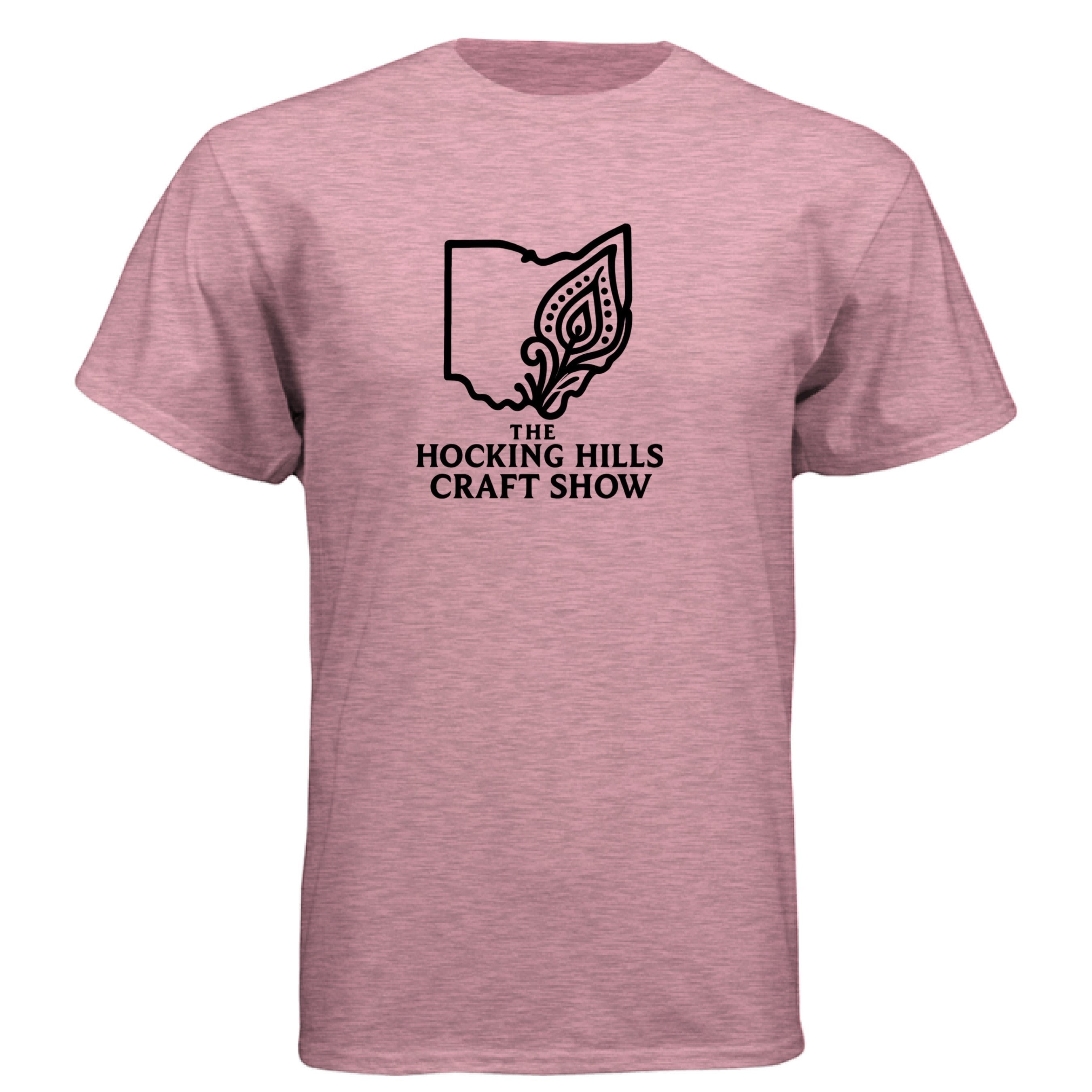 The Hocking Hills Store pink t-shirt with Ohio outline and "The Hocking Hills Craft Show" text. Soft cotton blend.