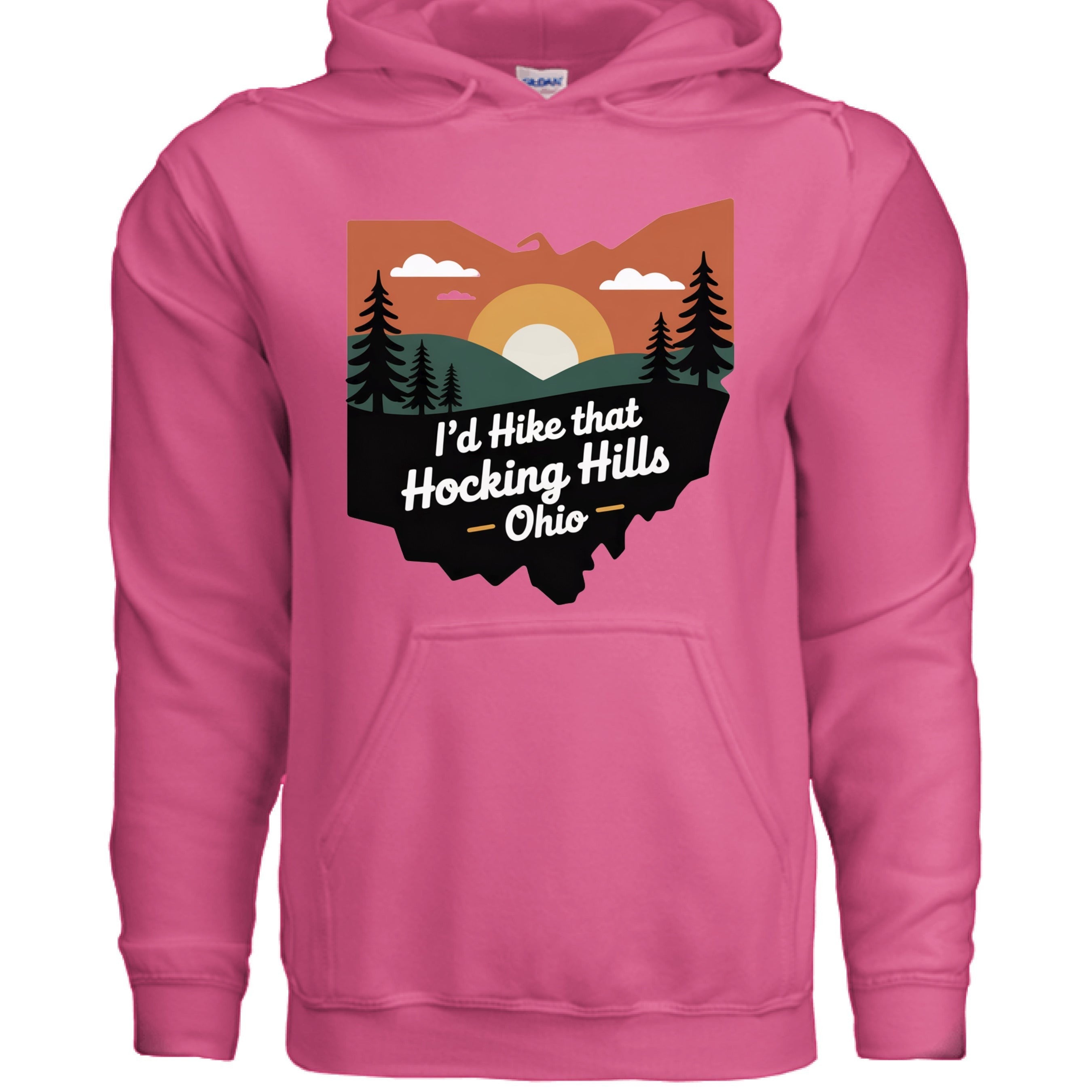 The Hocking Hills Store pink cotton blend hoodie with a graphic of Ohio featuring trees, mountains, and sunset. Text reads "I'd Hike that Hocking Hills - Ohio."