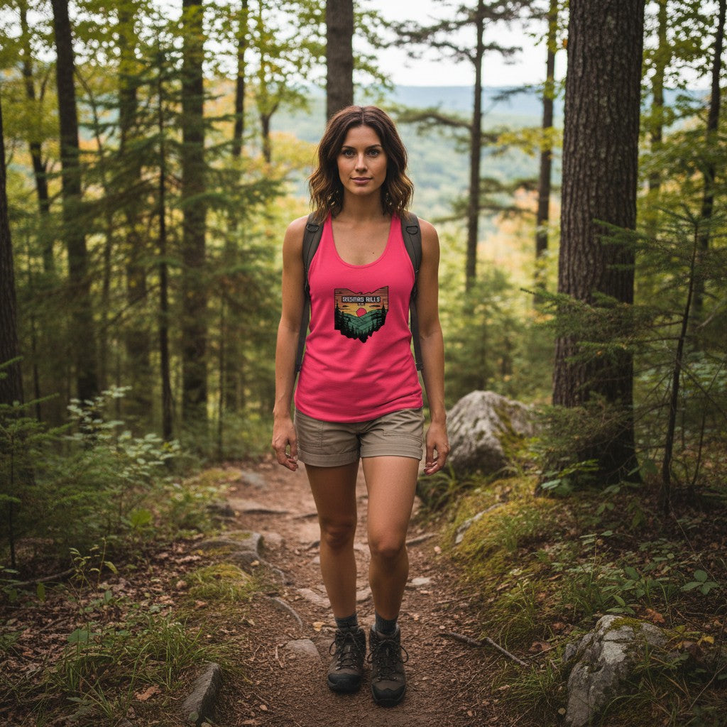 Woman wearing a pink The Hocking Hills Store racerback tank top while hiking on a forest trail.
