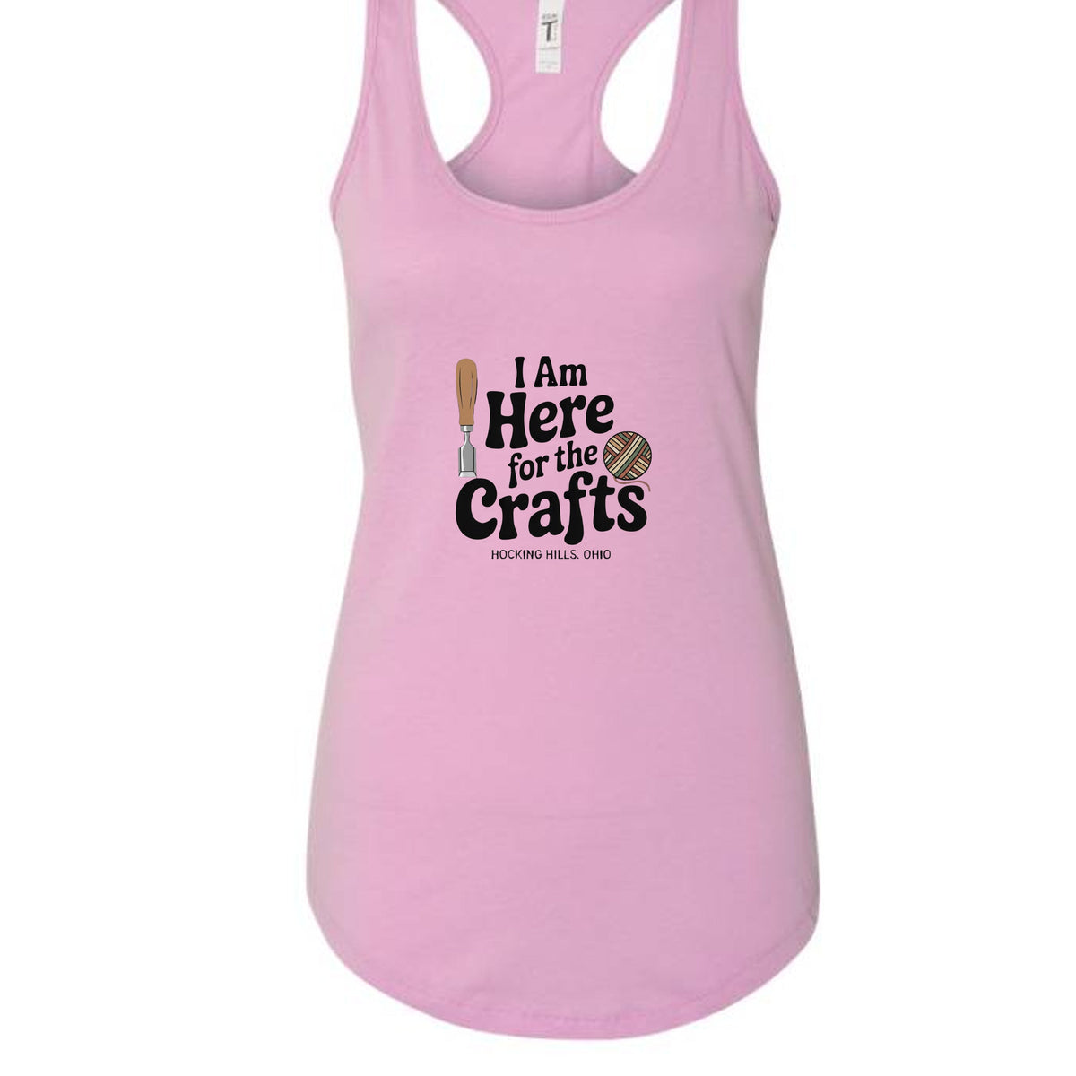 The Hocking Hills Store light pink racerback tank top with I Am Here for the Crafts graphic print