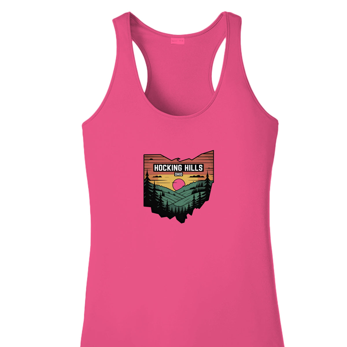 The Hocking Hills Store pink racerback tank top featuring a Hocking Hills Ohio sunset graphic print.
