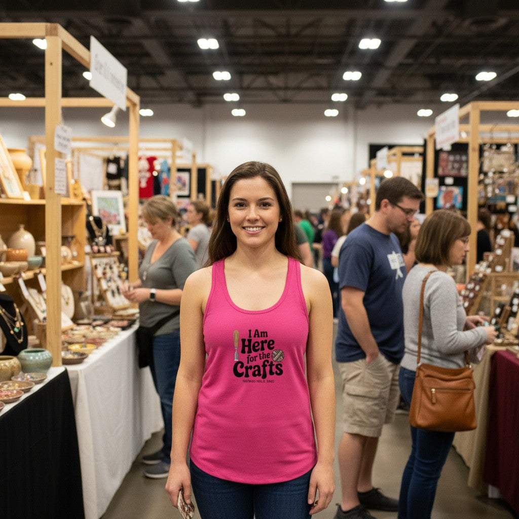 A woman wearing a pink The Hocking Hills Store racerback tank top with Here For The Crafts text at a craft fair.