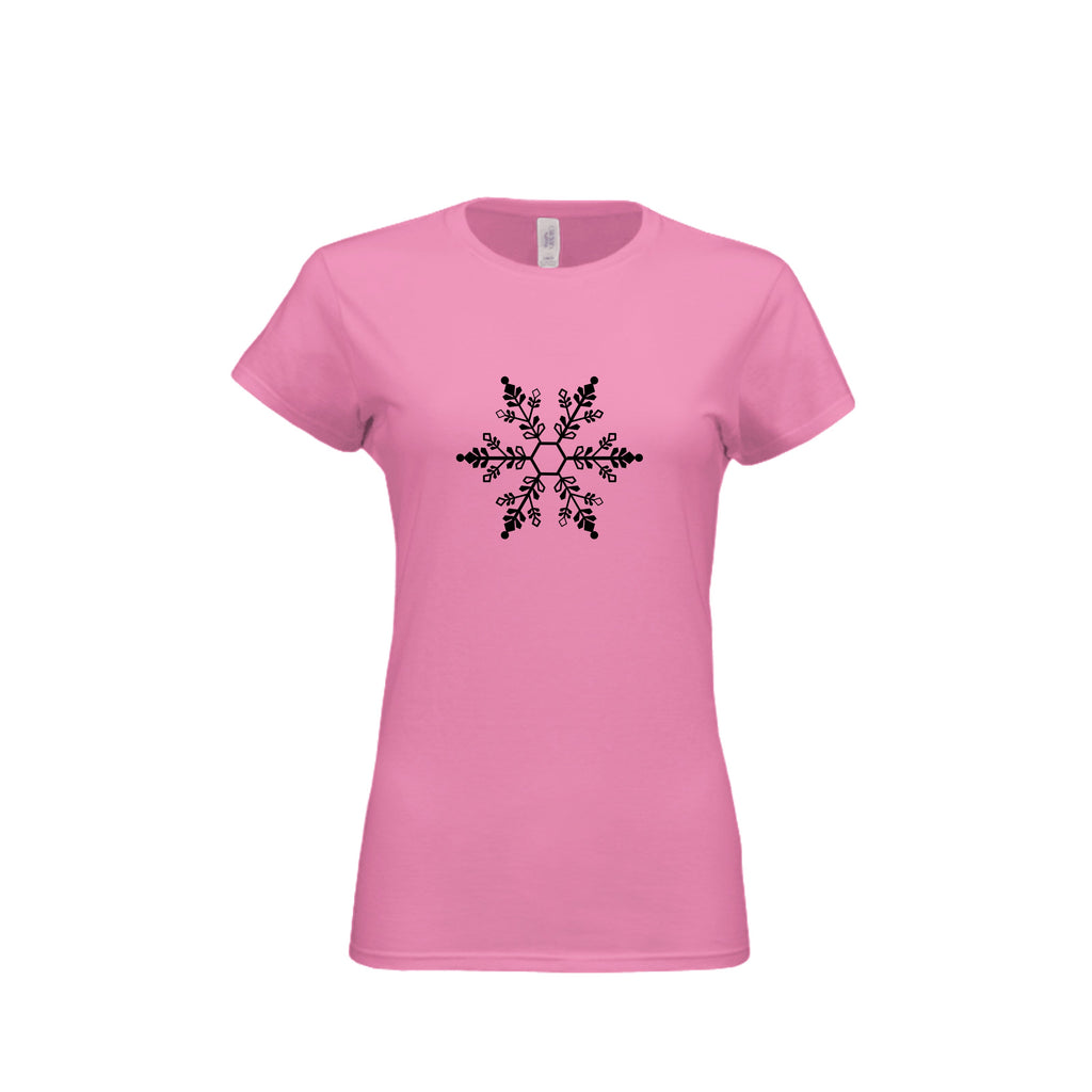 The Hocking Hills Store women's pink t-shirt featuring a black snowflake graphic on the front.