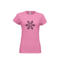 The Hocking Hills Store women's pink t-shirt featuring a black snowflake graphic on the front.