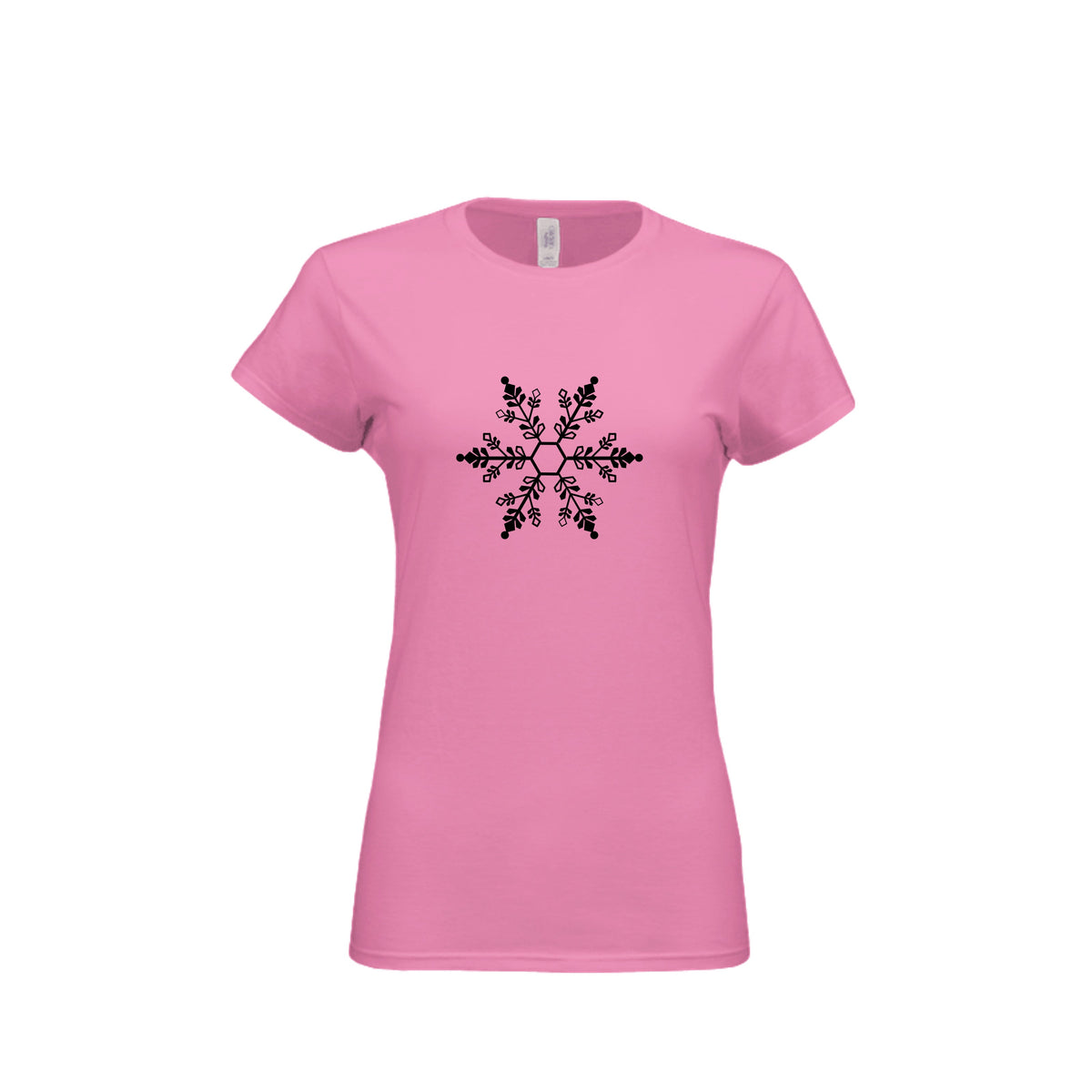 The Hocking Hills Store women's pink t-shirt featuring a black snowflake graphic on the front.