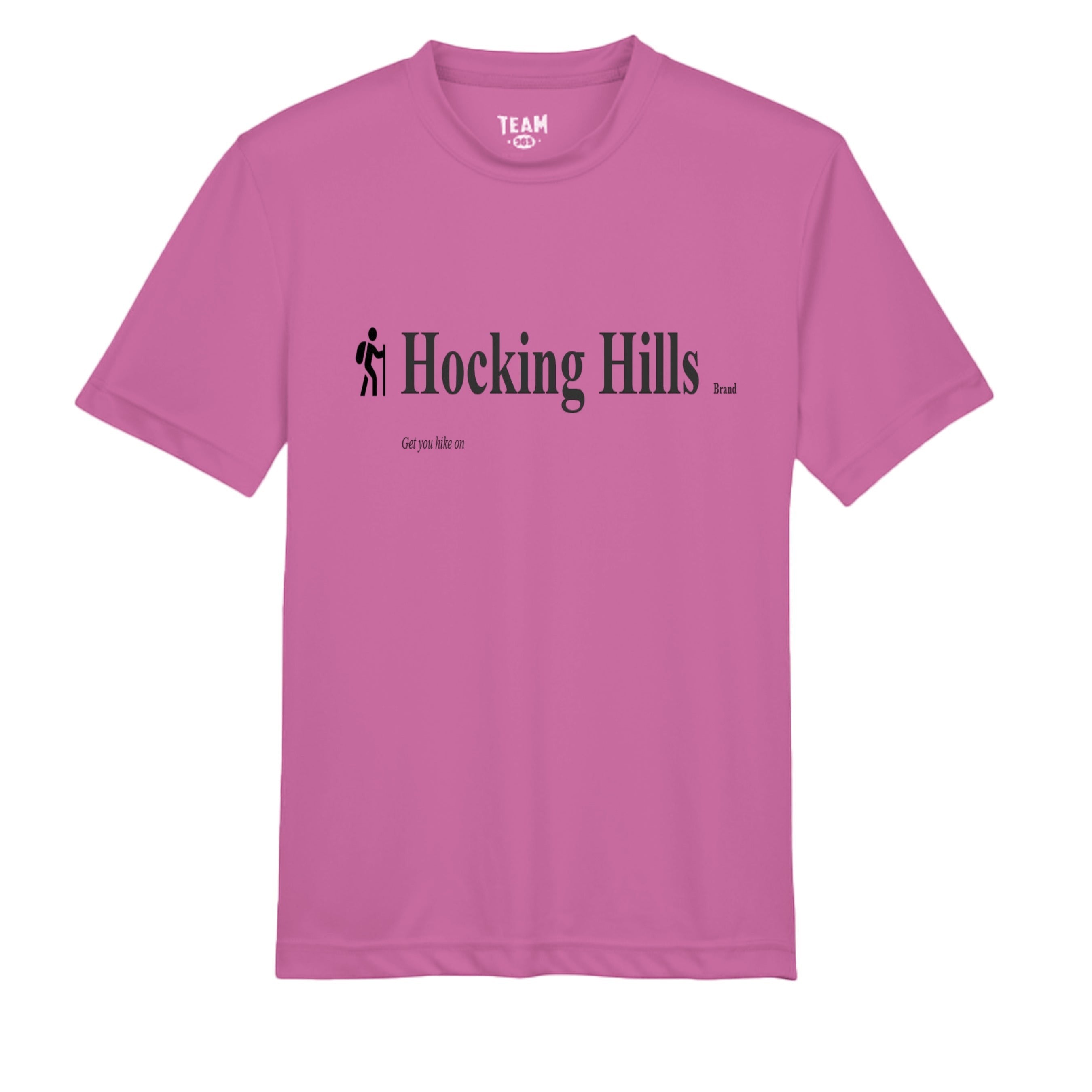 The Hocking Hills Store pink polyester youth performance t-shirt with "Hocking Hills Brand" graphic and hiker icon.