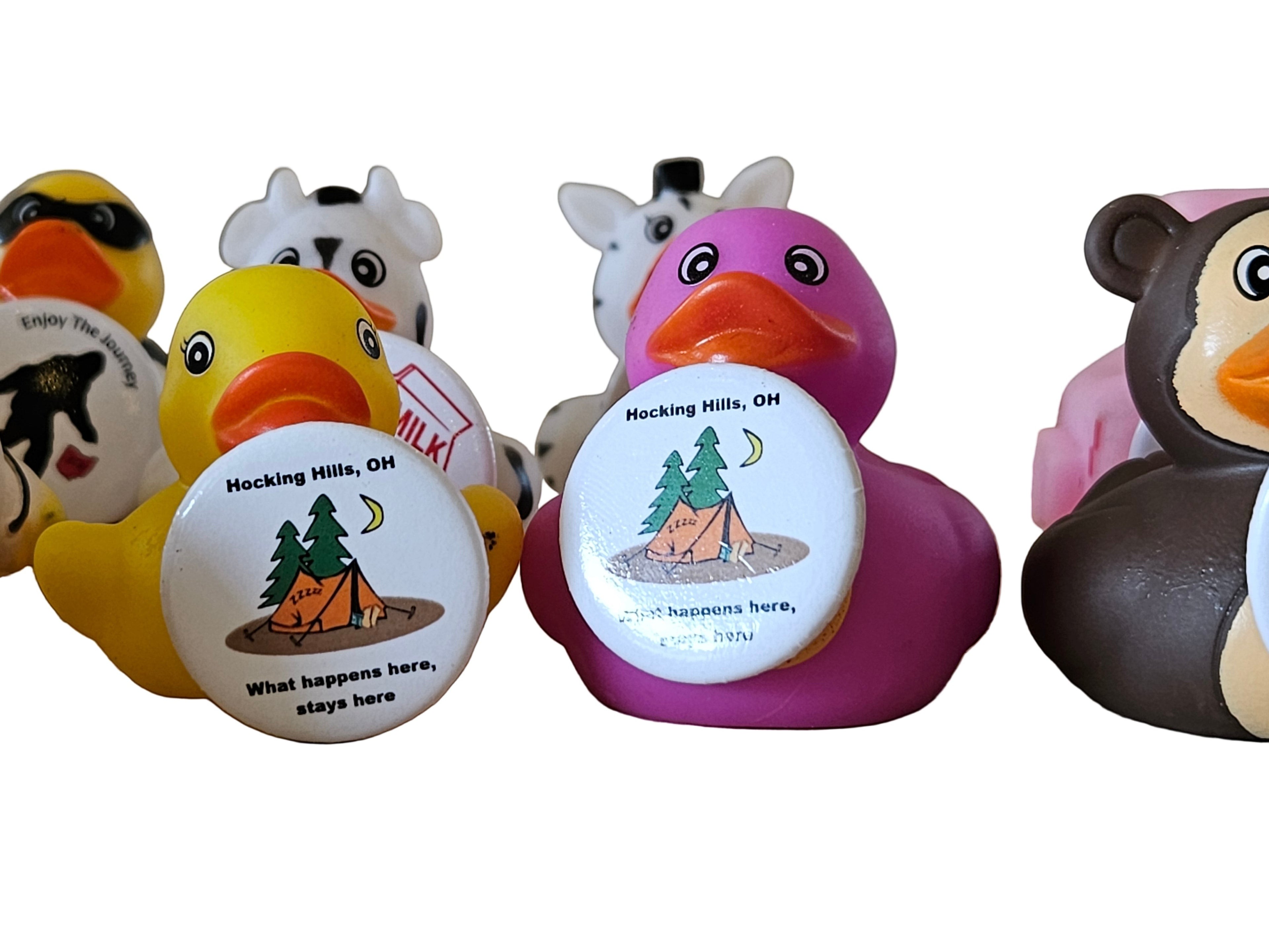 The Hocking Hills Store Pinned Jeep Ducks feature camping and nature designs. Assorted colors.