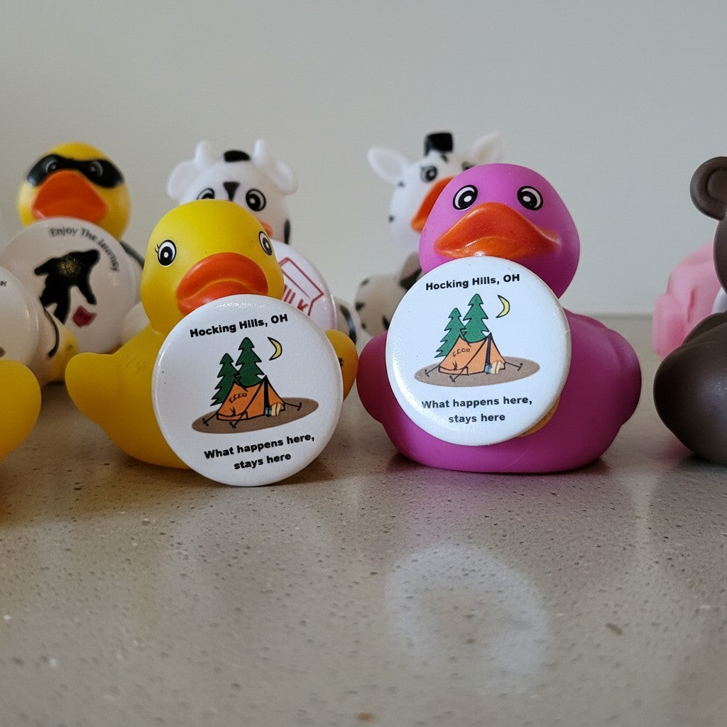 The Hocking Hills Store assorted pinned jeep ducks, featuring yellow, pink, and brown designs with camping and nature motifs.