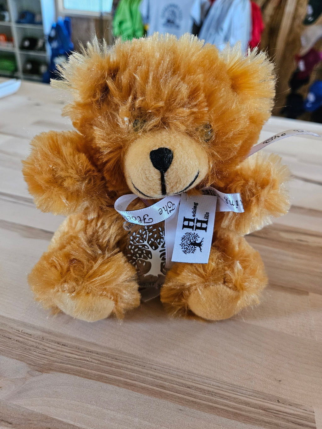 The Hocking Hills Store small/medium plush teddy bear, soft brown fur, wearing a white ribbon with tree logo.