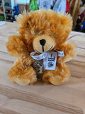 The Hocking Hills Store small/medium plush teddy bear, soft brown fur, wearing a white ribbon with tree logo.