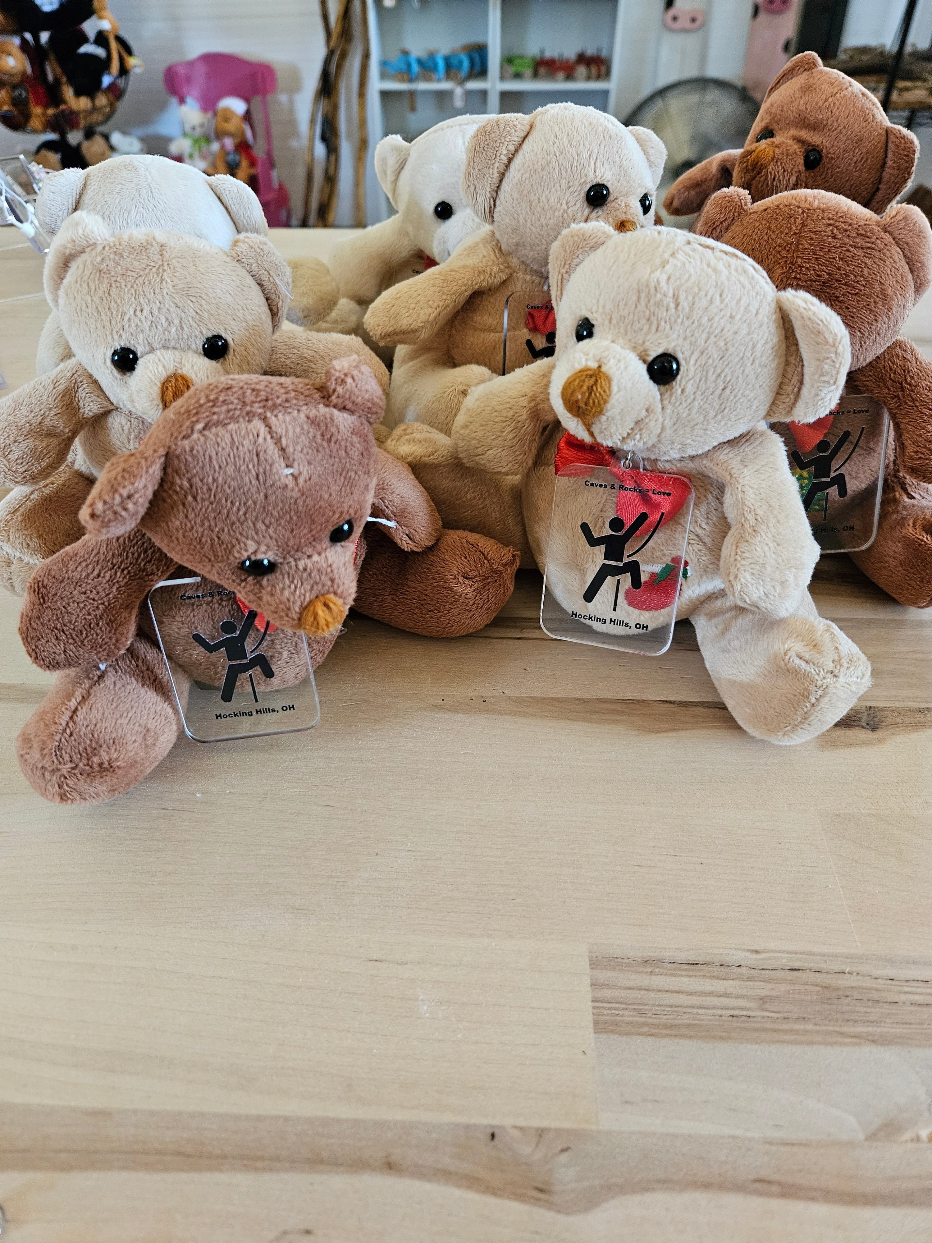 The Hocking Hills Store plush teddy bears in various shades of brown and cream, some with red bows and clear tags.