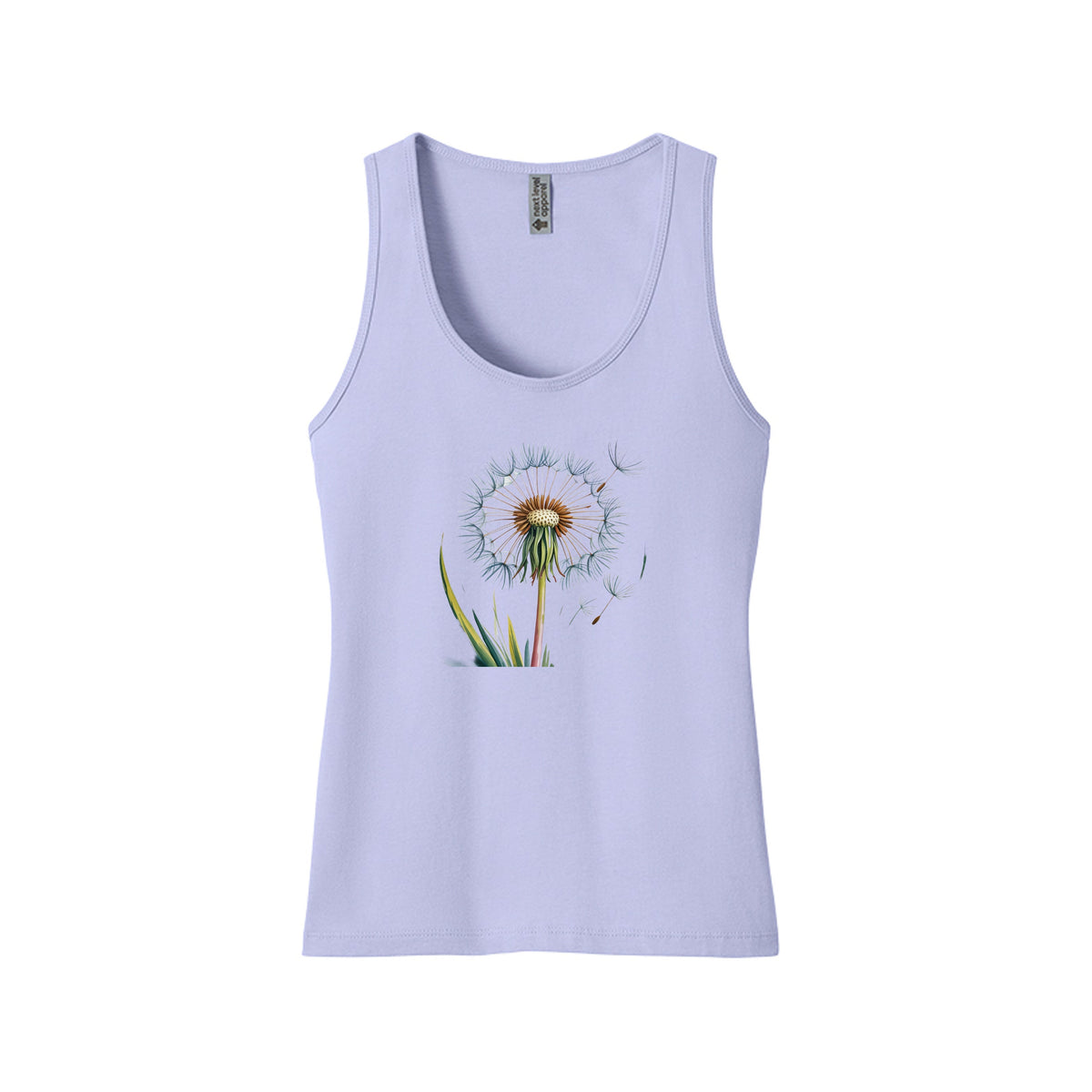 The Hocking Hills Store Dandelion Tank in light purple featuring a detailed dandelion seed head graphic print