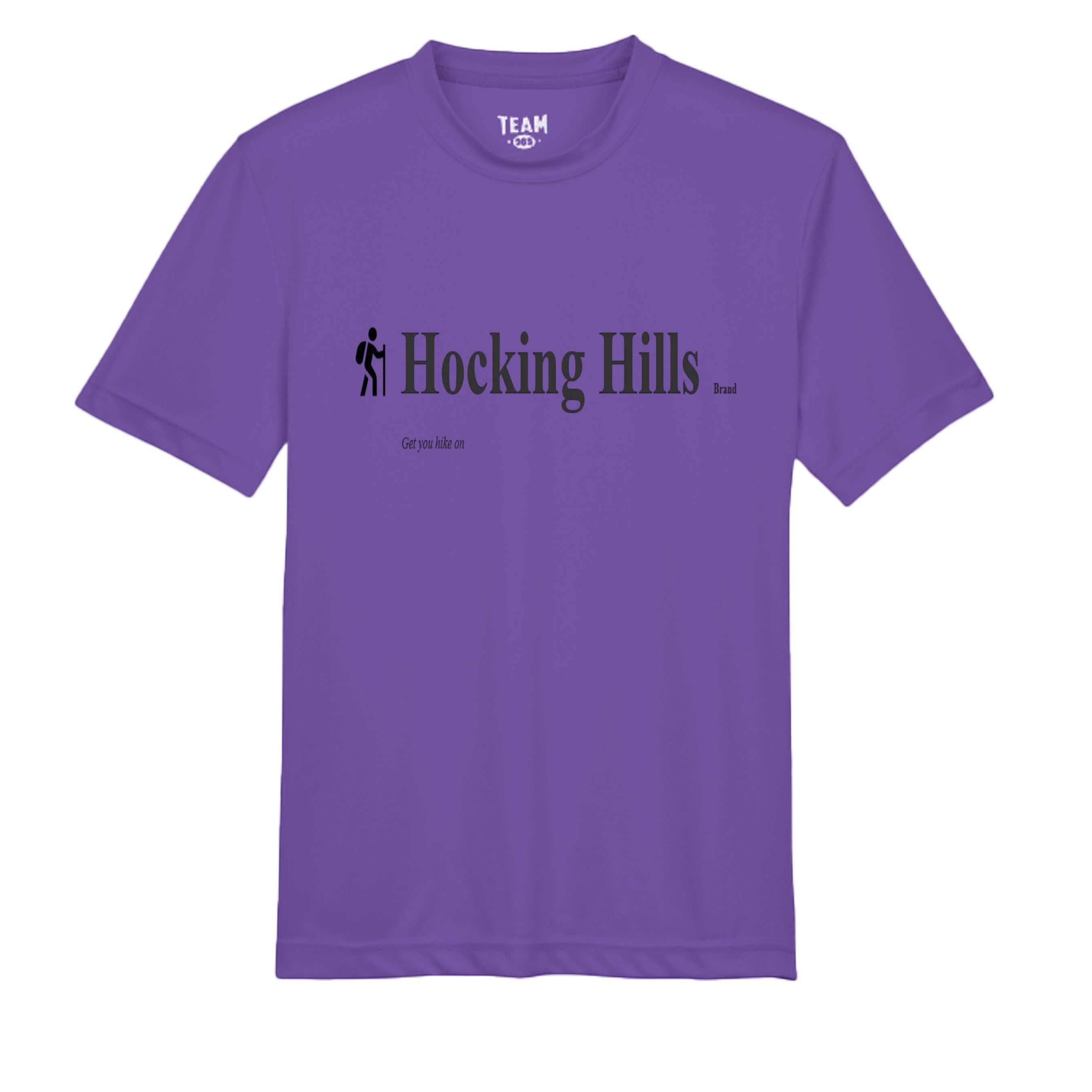 The Hocking Hills Store purple polyester performance t-shirt with "Hocking Hills Brand" graphic and hiker icon.