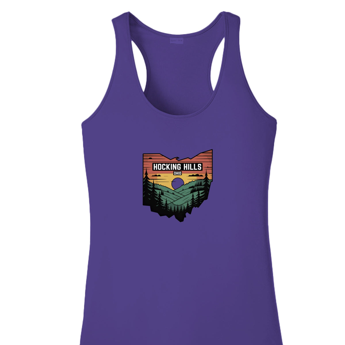 The Hocking Hills Store purple racerback tank top featuring a Hocking Hills Ohio landscape graphic print.