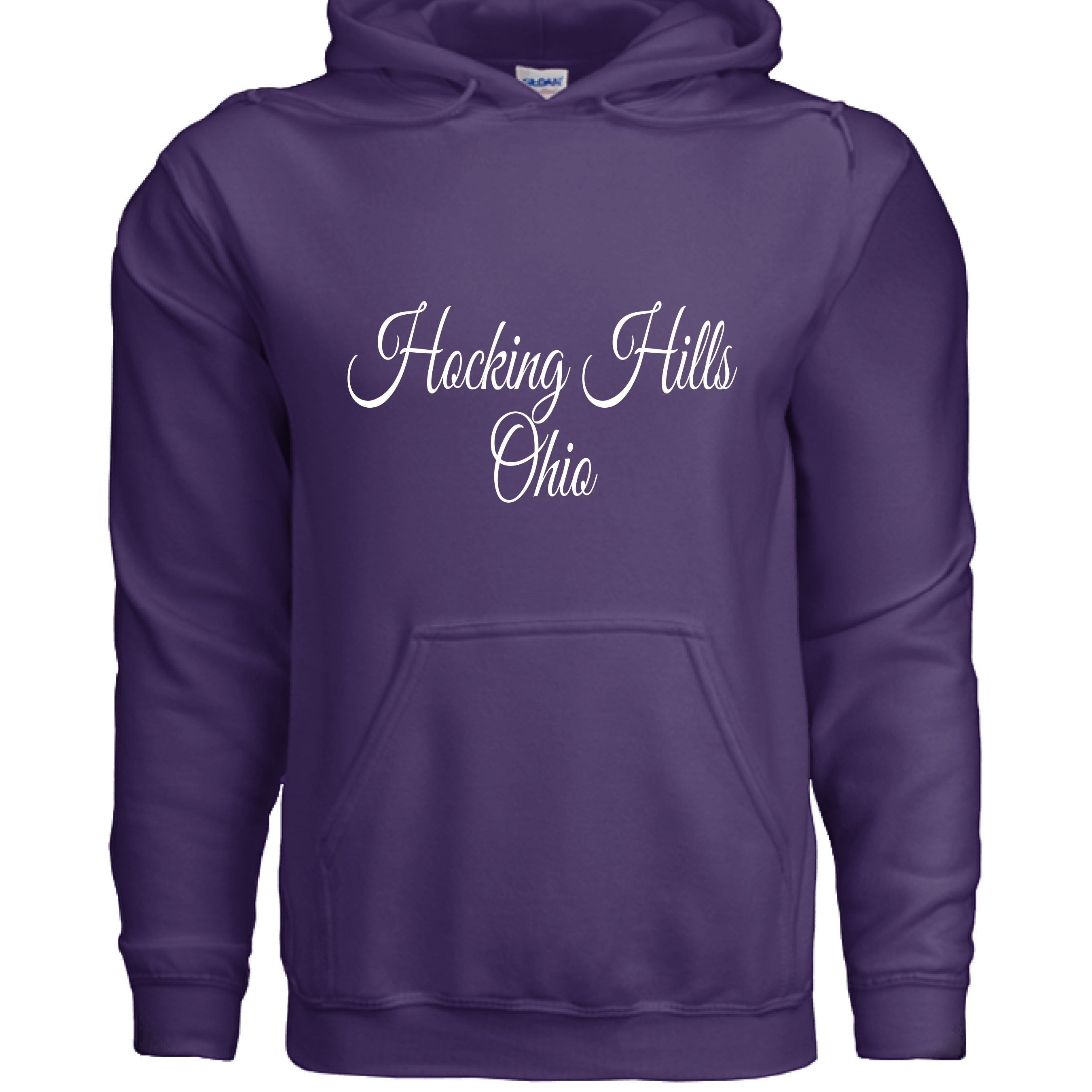 The Hocking Hills Store purple cotton-polyester blend hoodie with white script text "Hocking Hills Ohio".