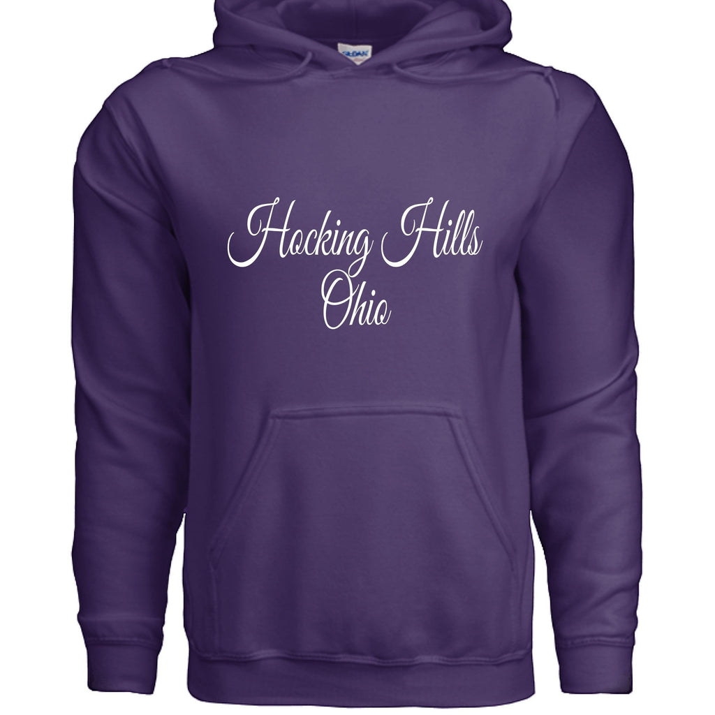 The Hocking Hills Store purple cotton-polyester blend hoodie with white script text "Hocking Hills Ohio".