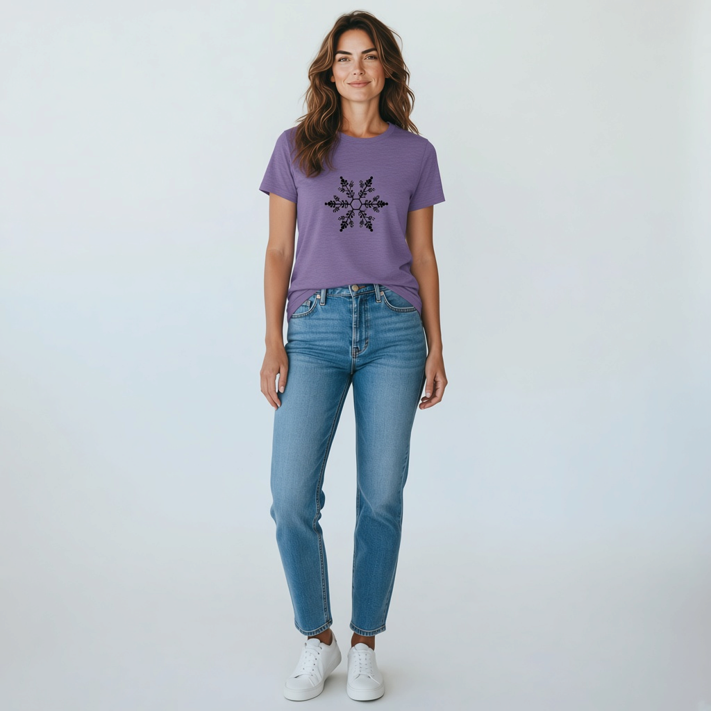 Woman wearing a purple The Hocking Hills Store t-shirt with a black snowflake graphic, paired with blue jeans.