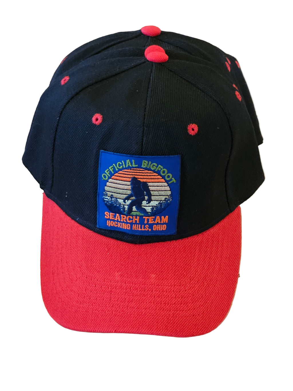 The Hocking Hills Store red and black Bigfoot Search Team baseball cap with embroidered patch.