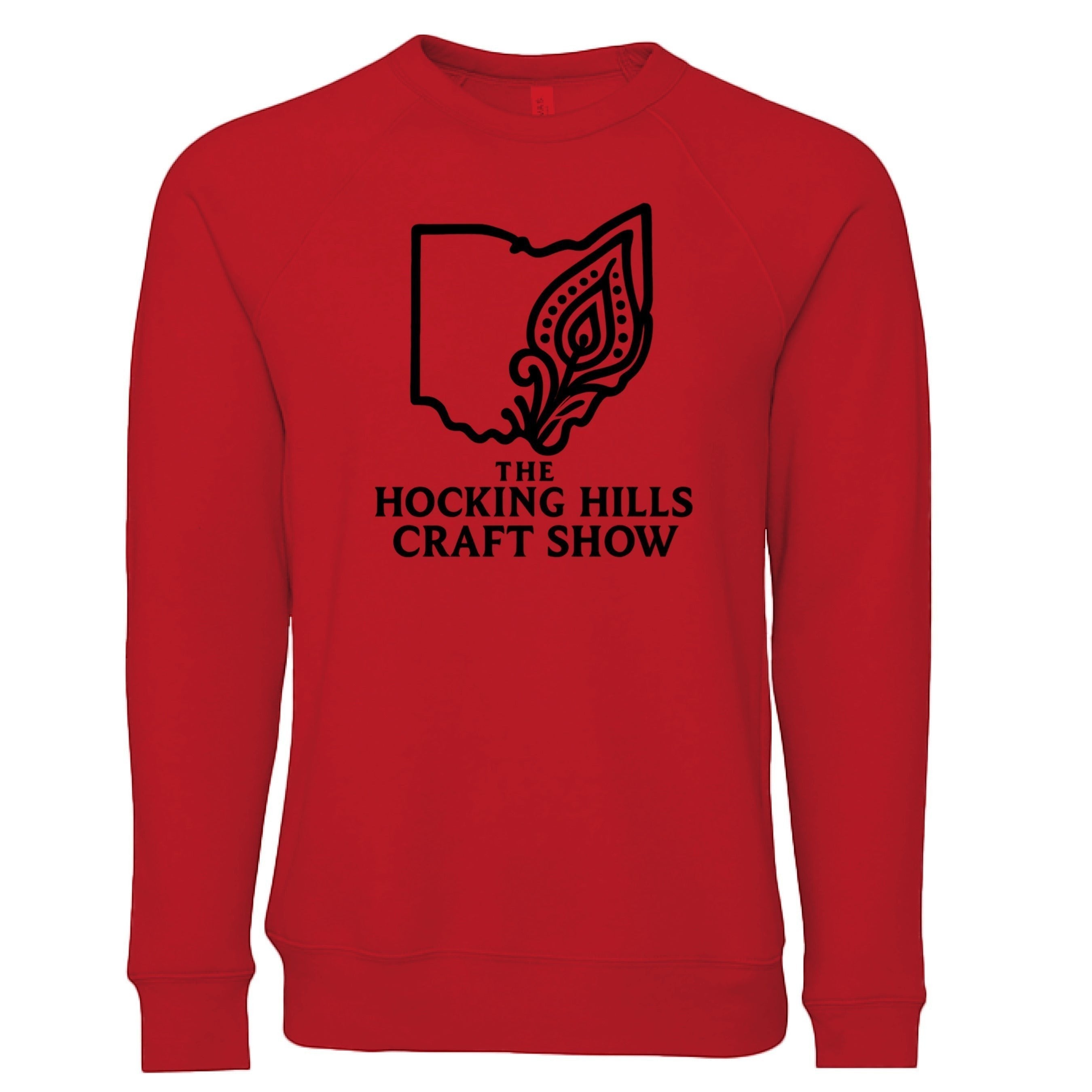 The Hocking Hills Store red crew neck sweatshirt with a black Ohio outline and floral design, featuring "The Hocking Hills Craft Show" text.