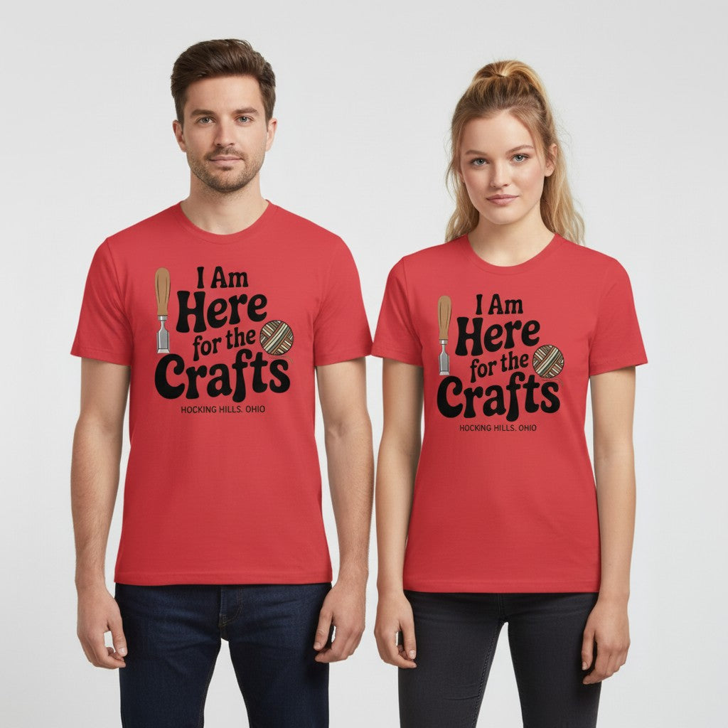 The Hocking Hills Store red triblend t-shirt with "I Am Here for the Crafts" graphic, featuring a chisel and yarn ball.