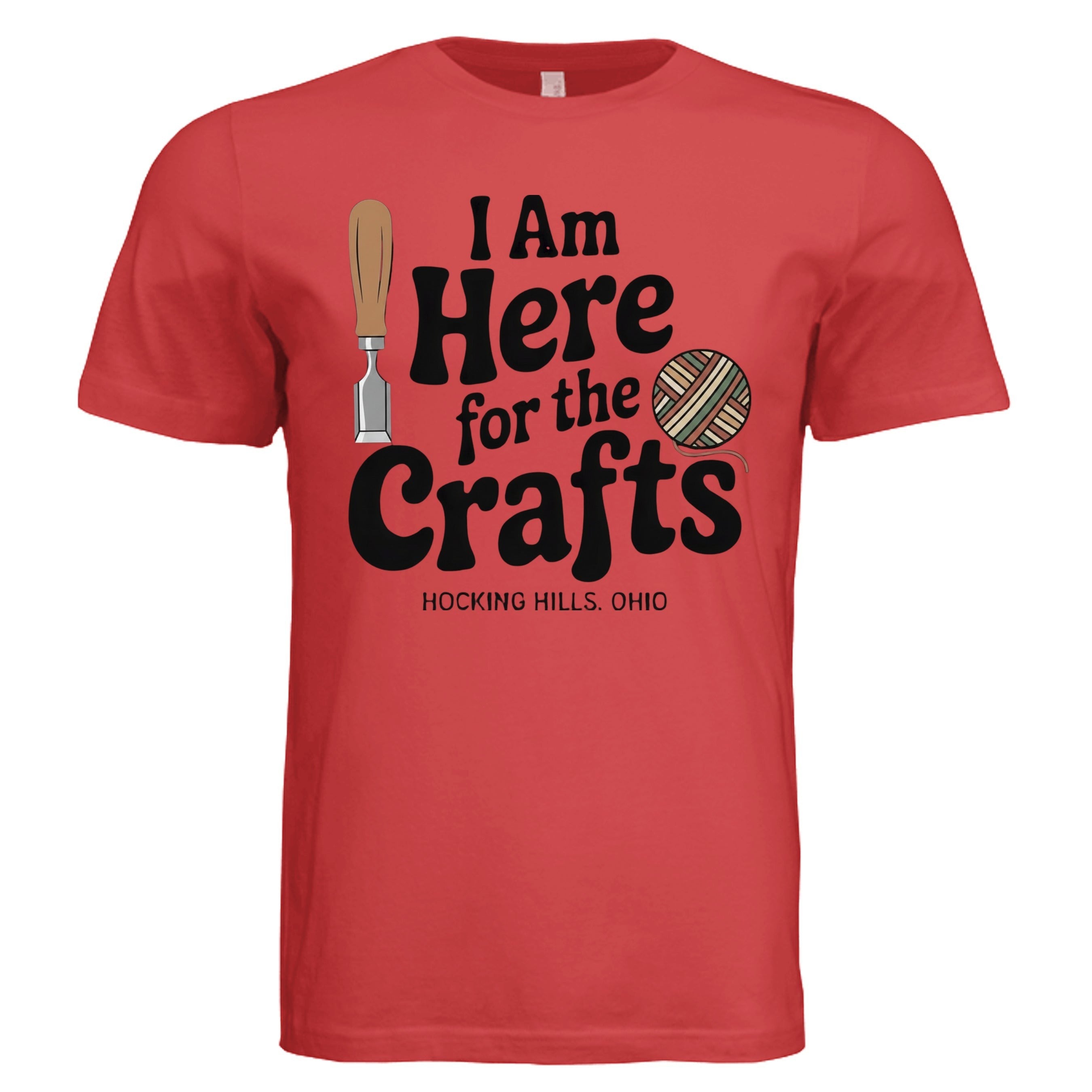 The Hocking Hills Store red triblend t-shirt with "I Am Here for the Crafts" graphic and Hocking Hills, Ohio text.