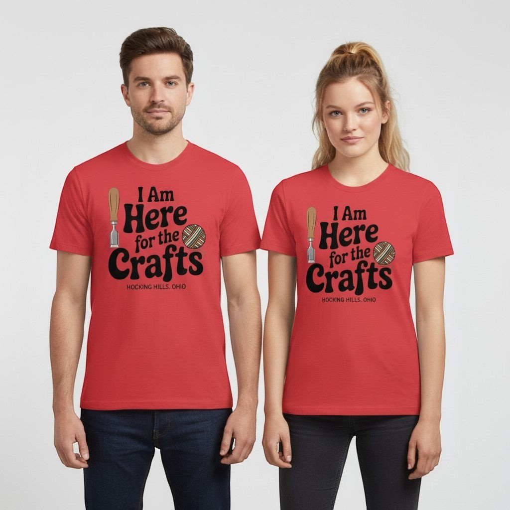 The Hocking Hills Store red triblend t-shirt with "I Am Here for the Crafts" graphic, featuring a chisel and yarn ball.