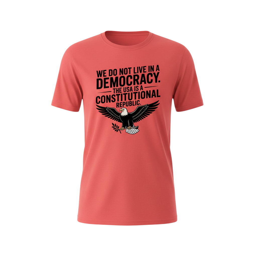 The Hocking Hills Store red crewneck t-shirt featuring a bald eagle graphic and Constitutional Republic text print.