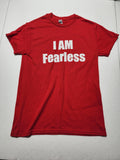 The Hocking Hills Store red I Am Fearless t-shirt with bold white text in a classic crew neck fit.