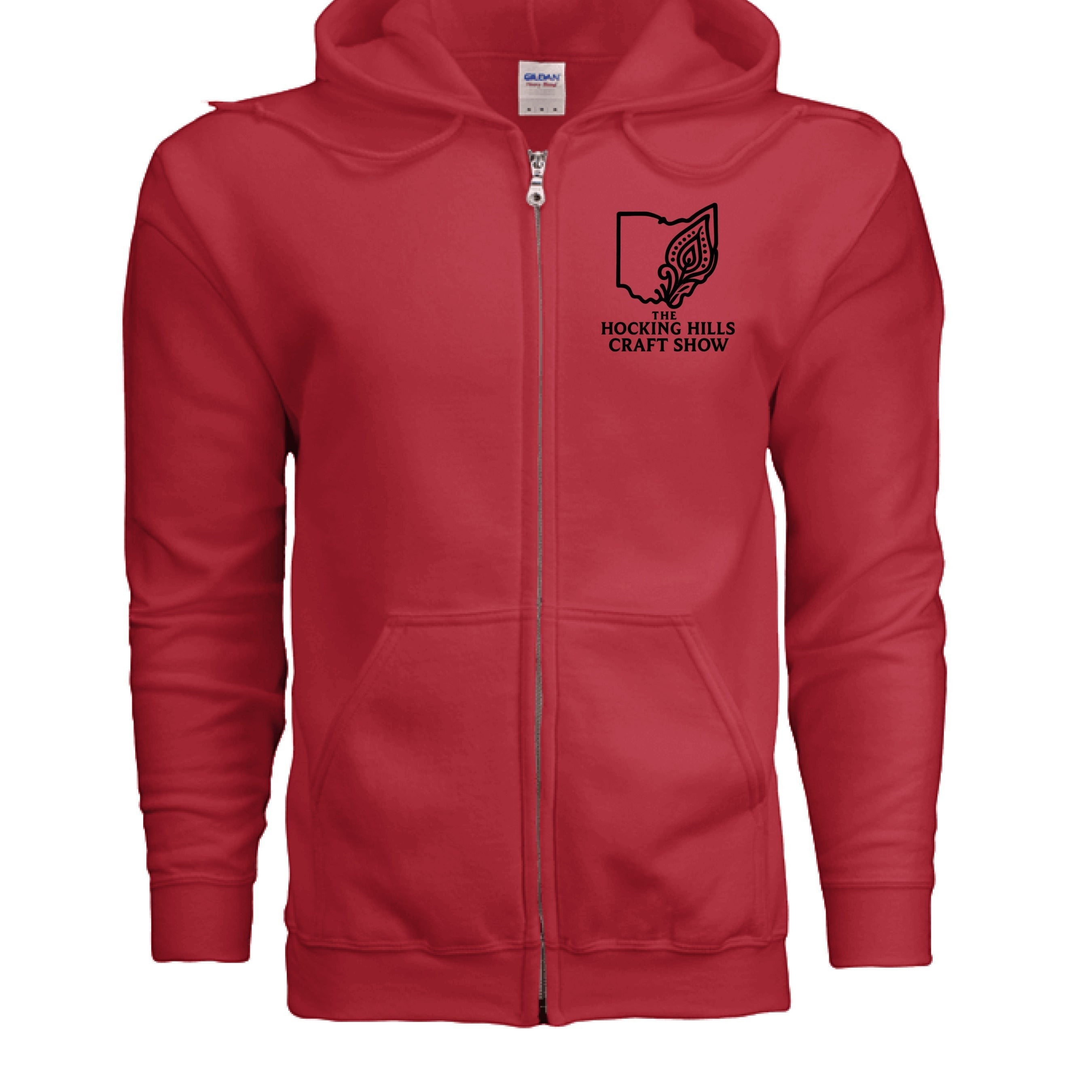 The Hocking Hills Store red 50/50 cotton-polyester full-zip hoodie with Ohio map logo and drawstring hood.