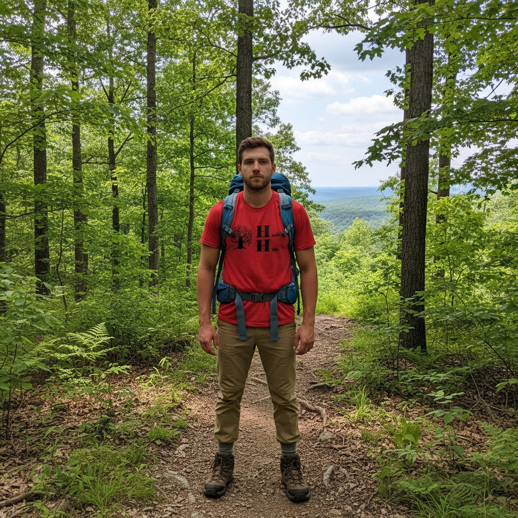 The Hocking Hills Store red cotton t-shirt with black tree and Hocking Hills logo. Short sleeves, crew neck.
