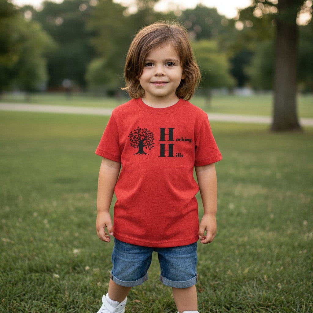 The Hocking Hills Store red cotton t-shirt for kids with a black tree and Hocking Hills logo.