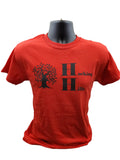 The Hocking Hills Store red cotton t-shirt with black tree and Hocking Hills logo. Short sleeves, crew neck.