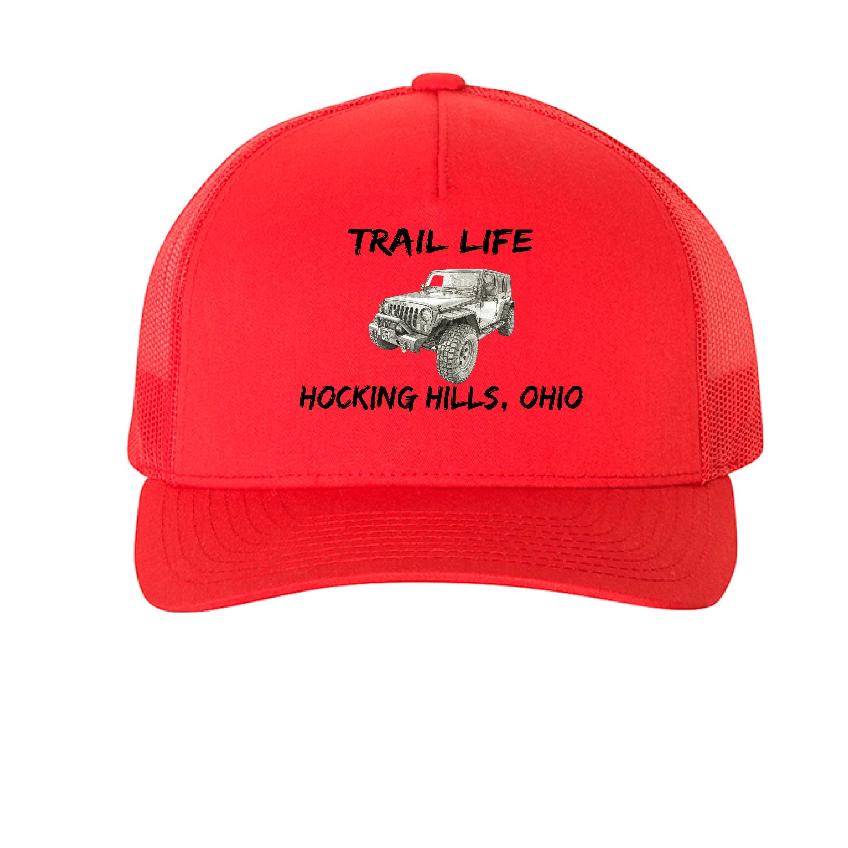 The Hocking Hills Store red trucker hat with "Trail Life" and a Jeep graphic, "Hocking Hills, Ohio" text.