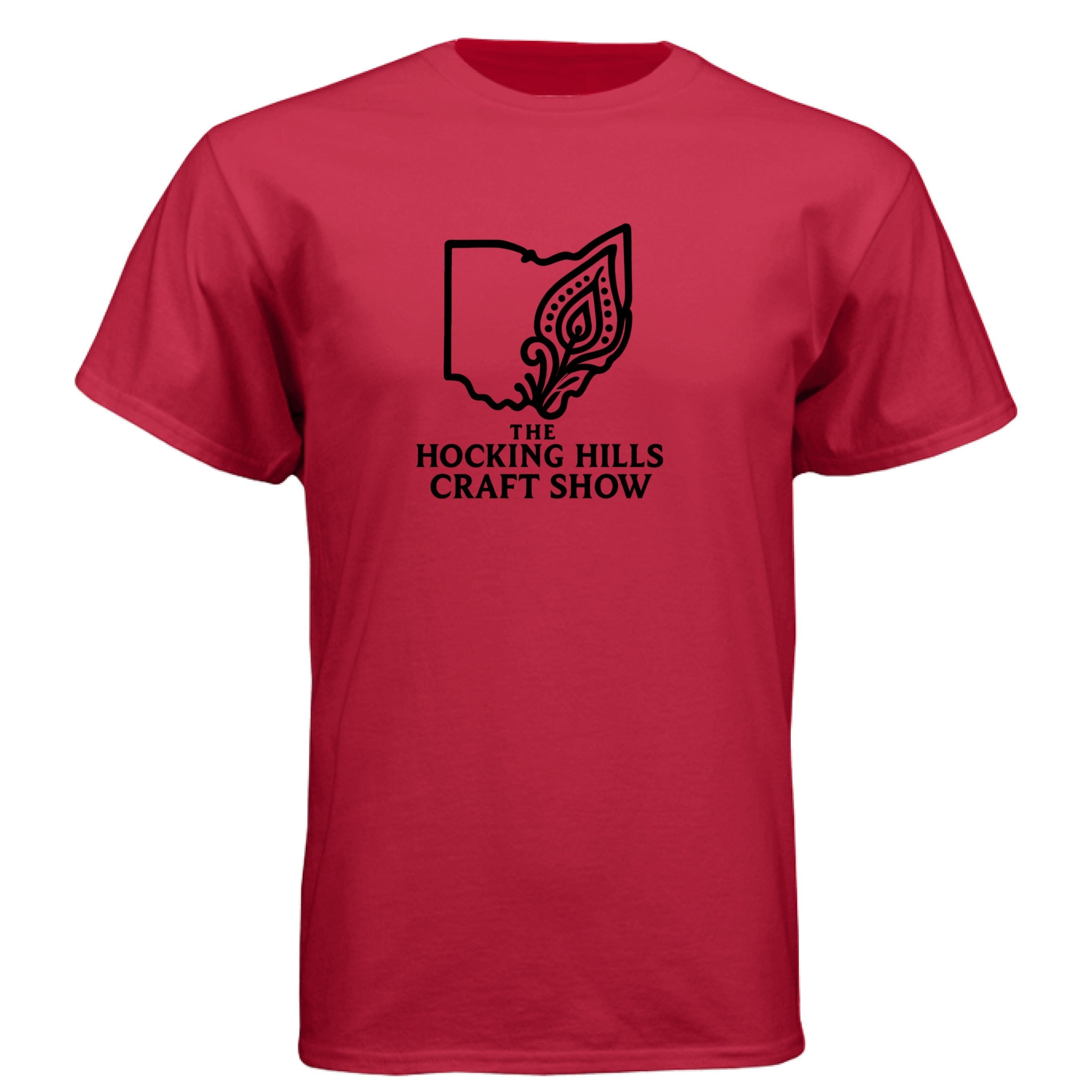 The Hocking Hills Store red cotton t-shirt with Ohio outline and artistic flourish graphic.
