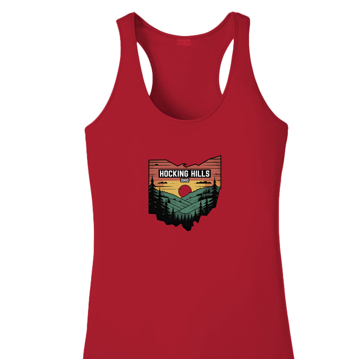 The Hocking Hills Store red racerback tank top featuring a Hocking Hills Ohio sunset graphic print.