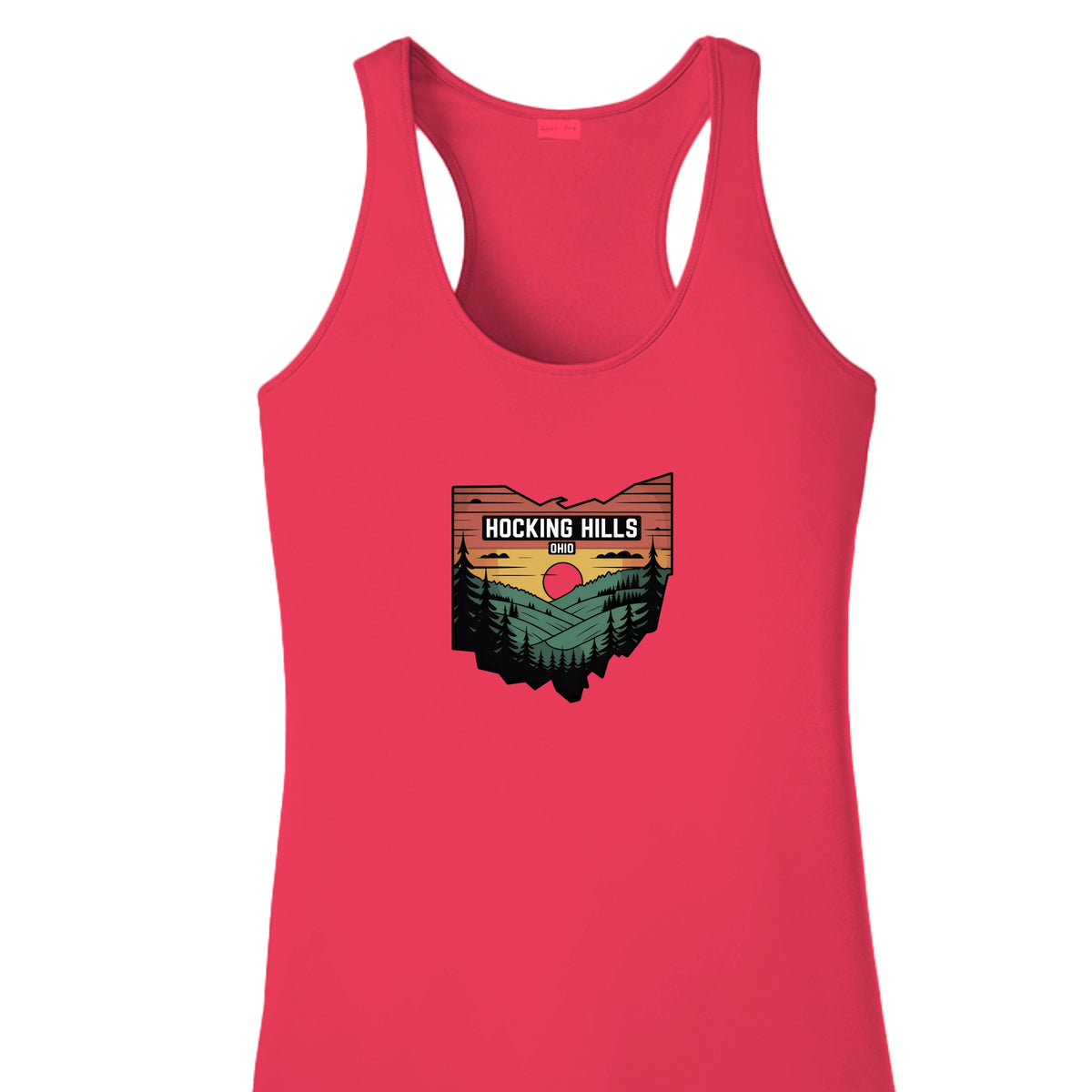 The Hocking Hills Store red racerback tank top featuring a Hocking Hills Ohio sunset graphic print.