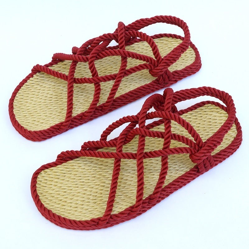The Hocking Hills Store red rope sandals with woven tan footbeds. Artisanally handcrafted polypropylene rope.