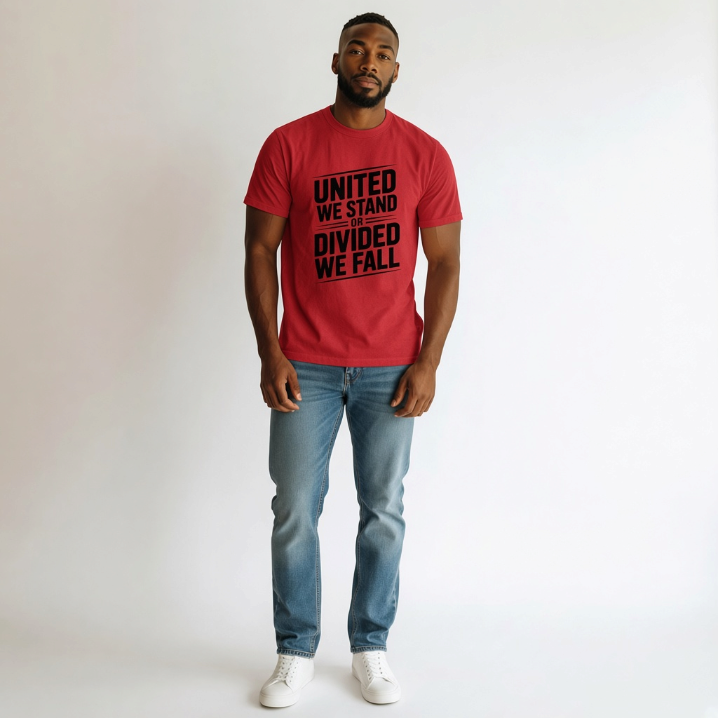 The Hocking Hills Store red crew neck t-shirt with black United We Stand or Divided We Fall graphic print