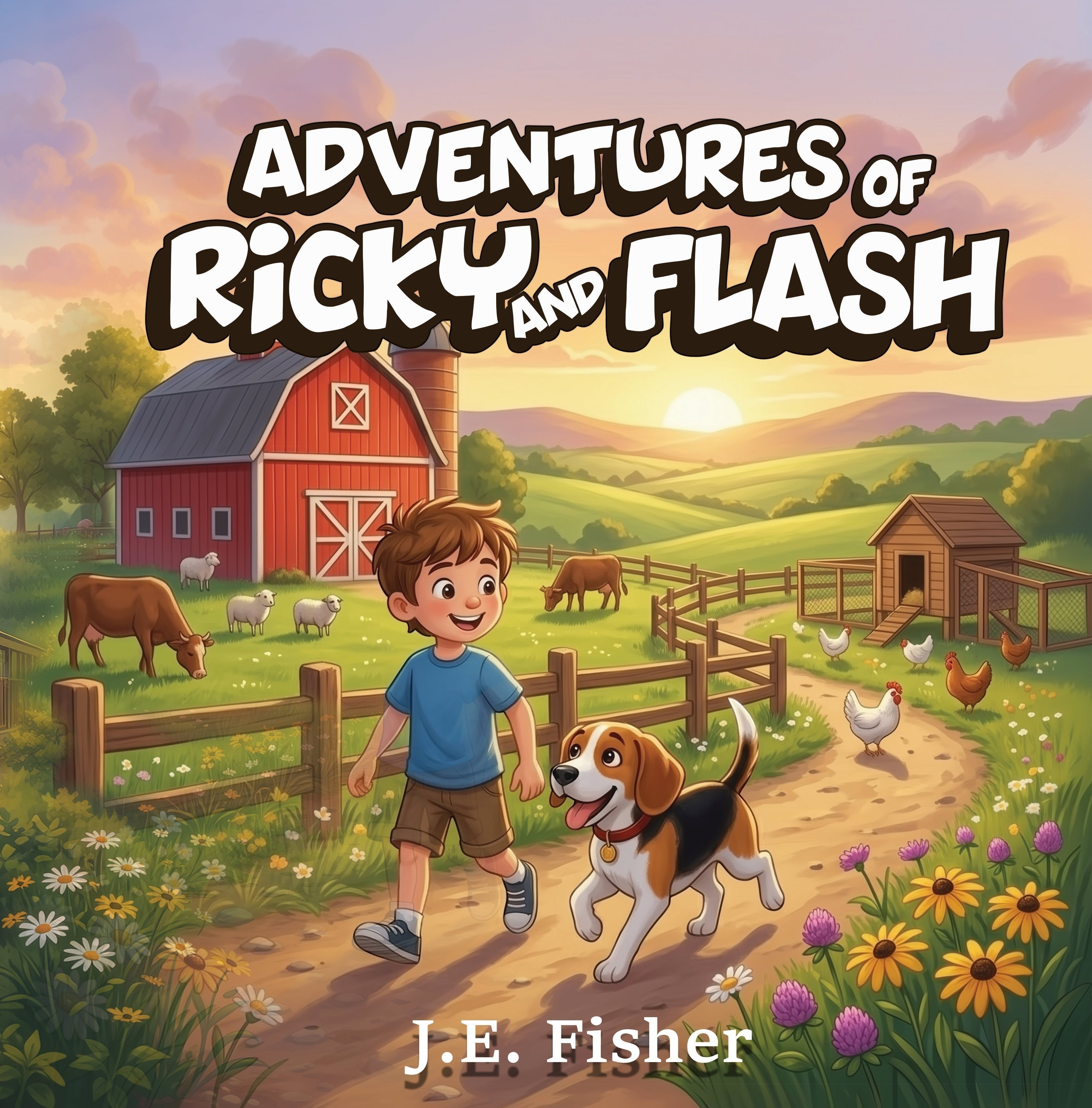 The Hocking Hills Store: Children's book cover illustration of Ricky and his dog Flash on a farm with a red barn, cows, sheep, and chickens.