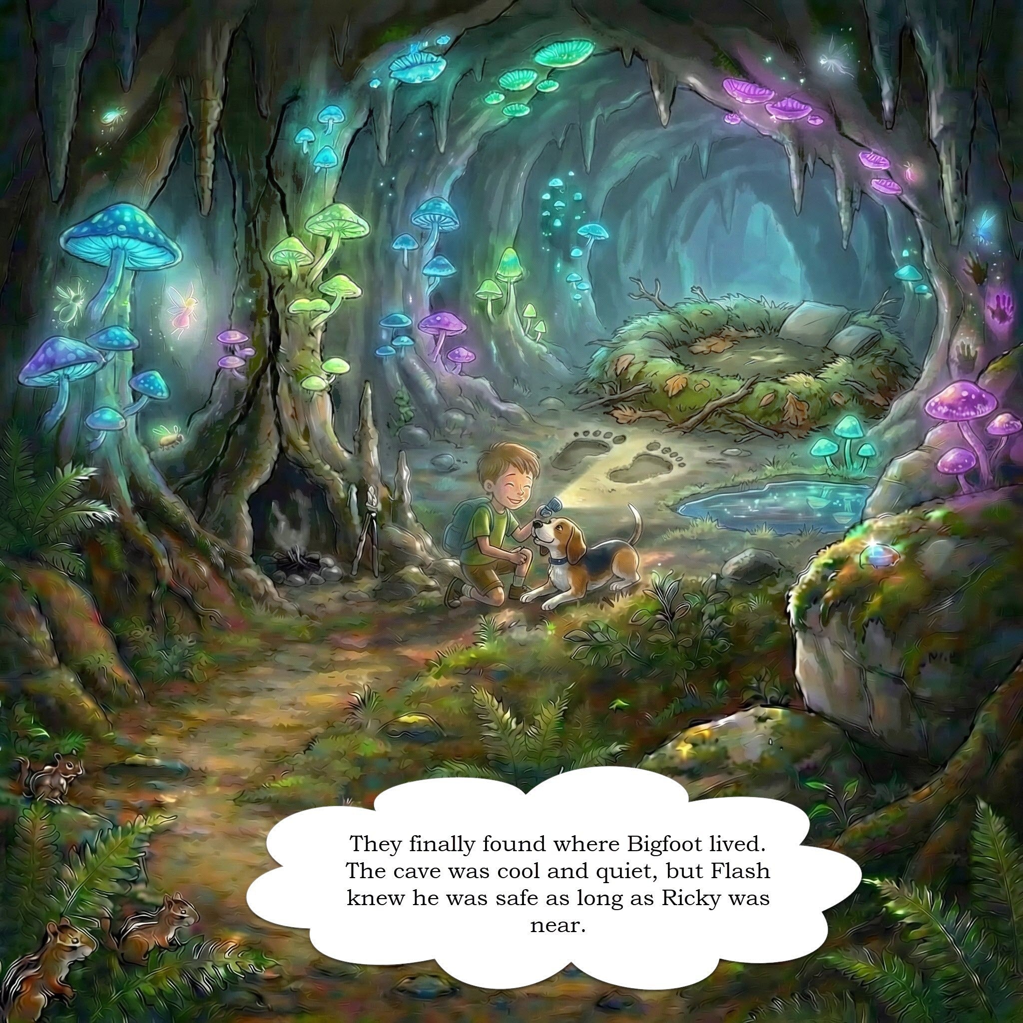 The Hocking Hills Store: Boy with beagle dog in a magical cave with glowing mushrooms and footprints.