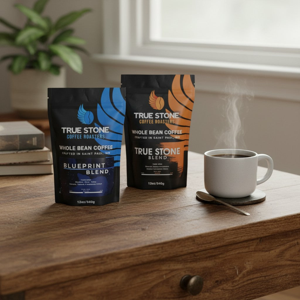 The Hocking Hills Store Roast Explorer Pack features three 12oz bags of True Stone Coffee Roasters whole bean coffee: Blueprint (light roast), True Stone Blend (medium roast), and Euro Blend (dark roast).