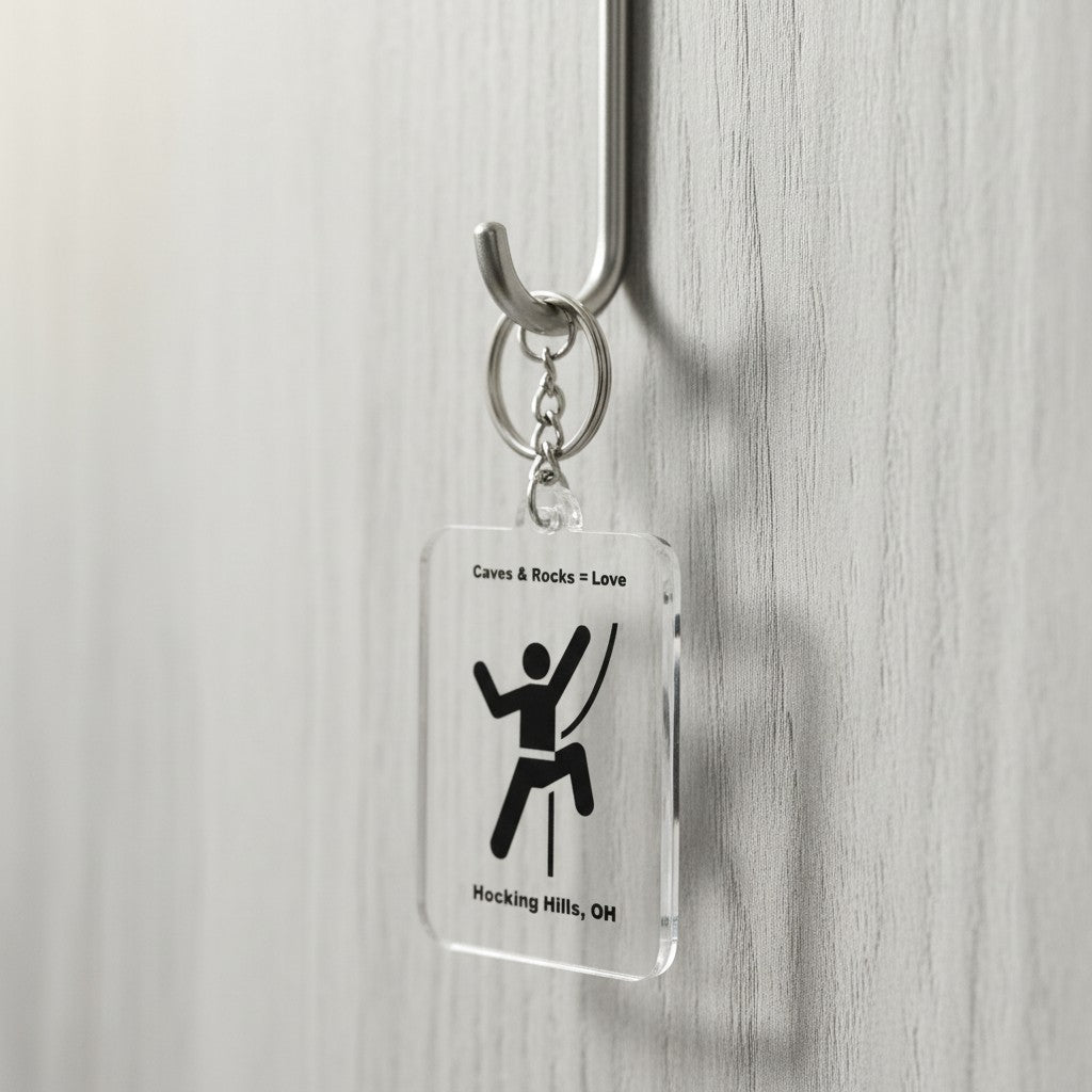 The Hocking Hills Store keychain with a graphic of a rock climber and text 'Caves & Rocks = Love Hocking Hills, OH'.