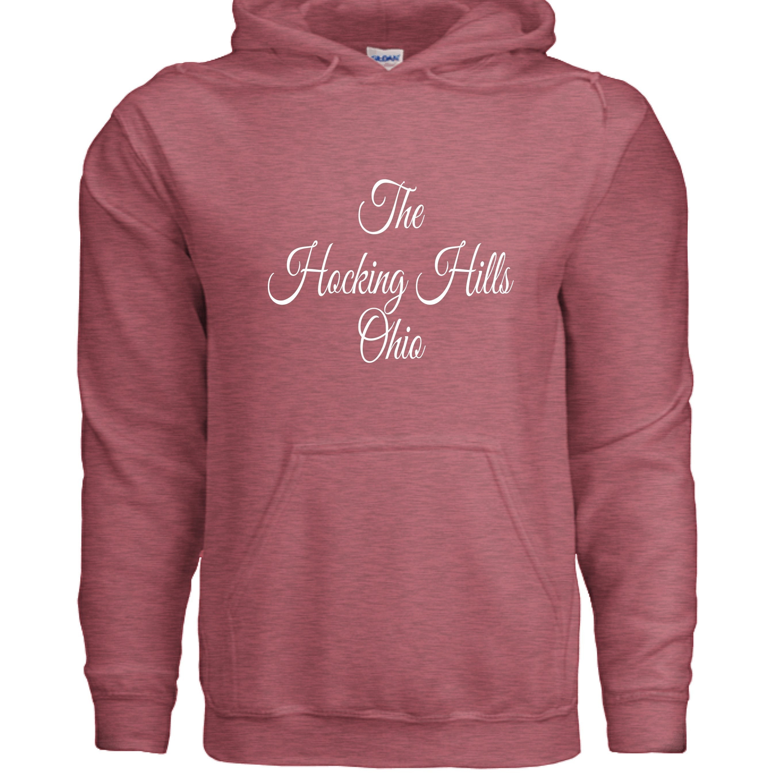 The Hocking Hills Store heathered rose pink cotton blend hoodie with white script text.